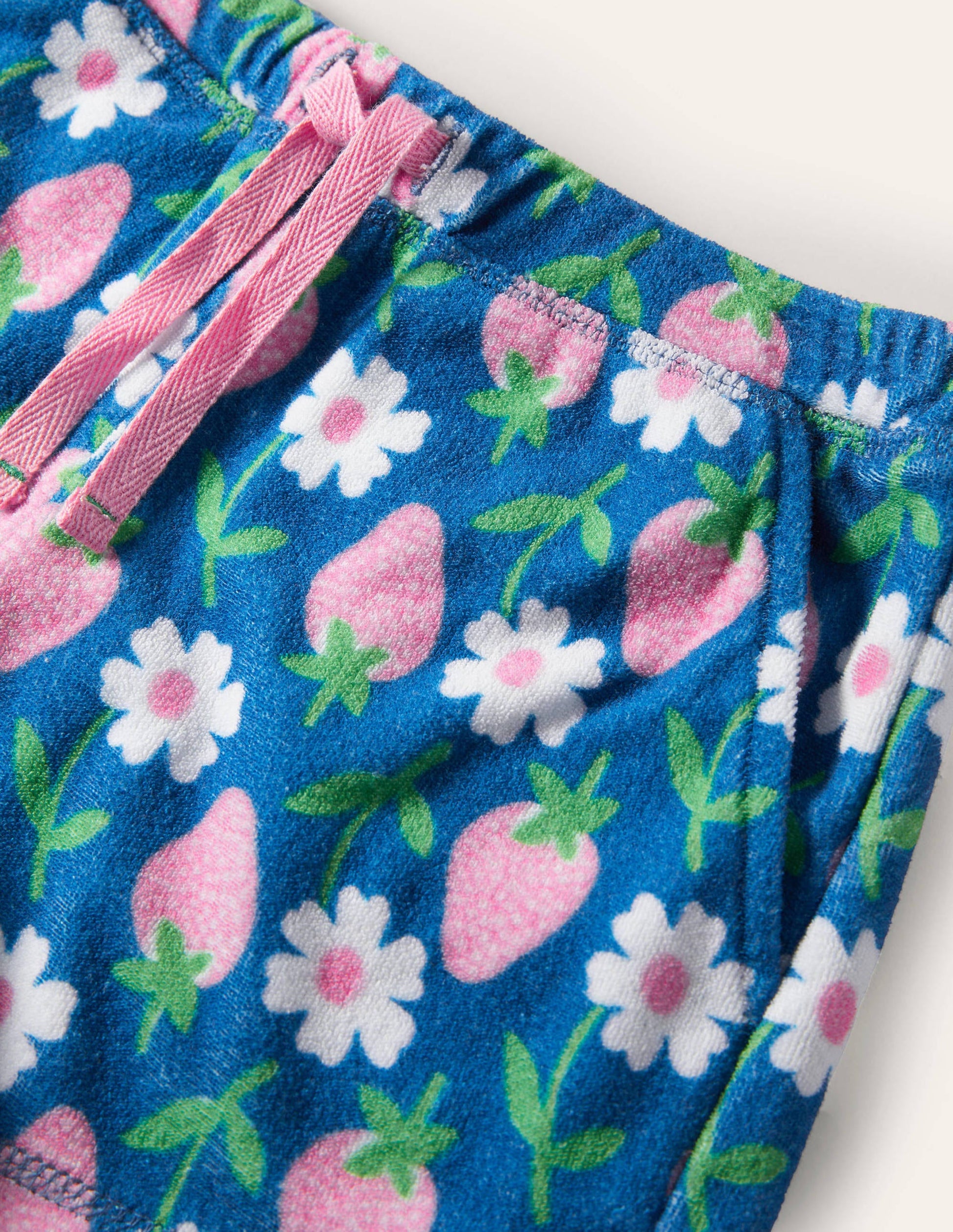 Blue Strawberry Print Towelling Shorts-Bright Marina Blue Strawberry-3