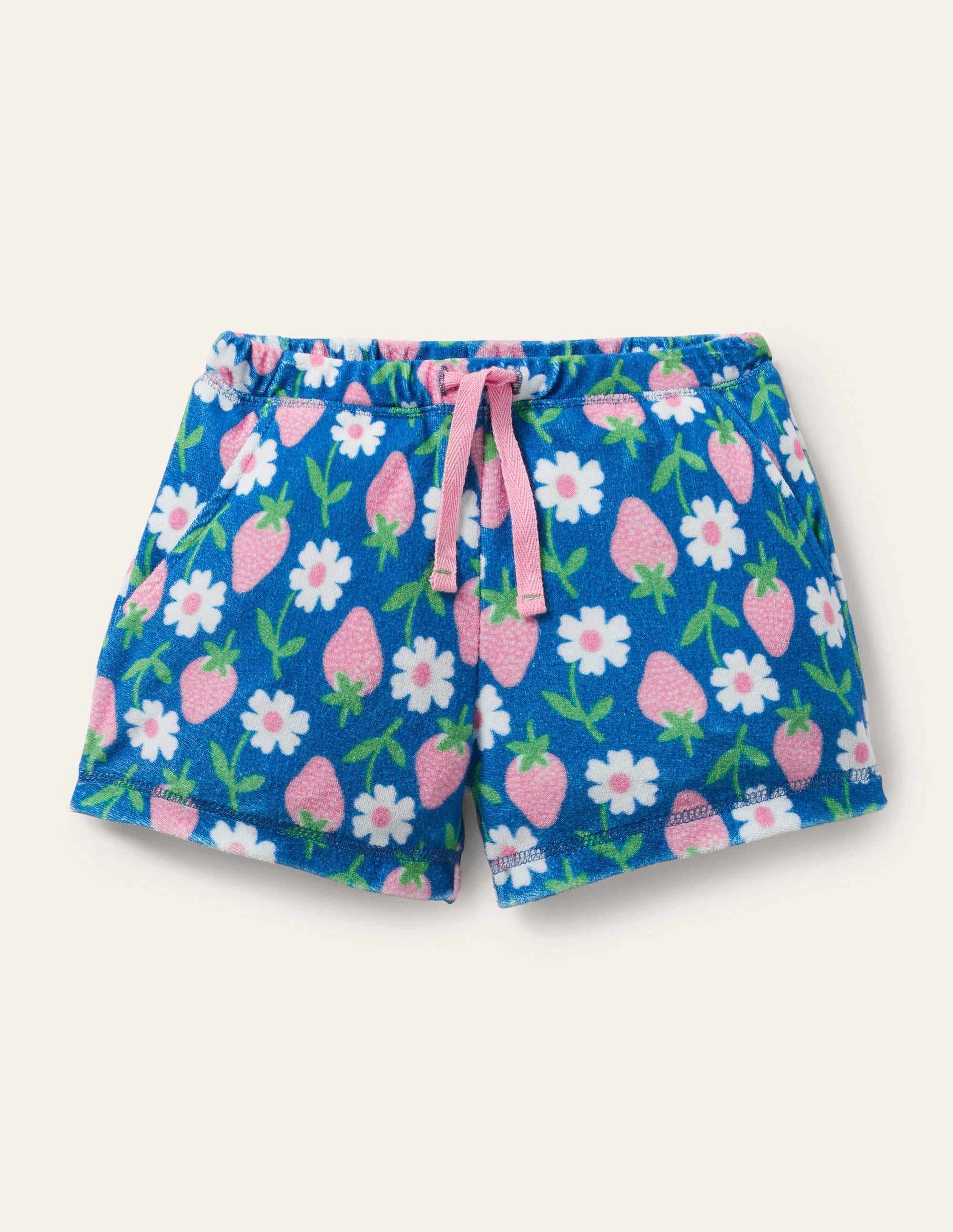Blue Strawberry Print Towelling Shorts-Bright Marina Blue Strawberry - Image 1