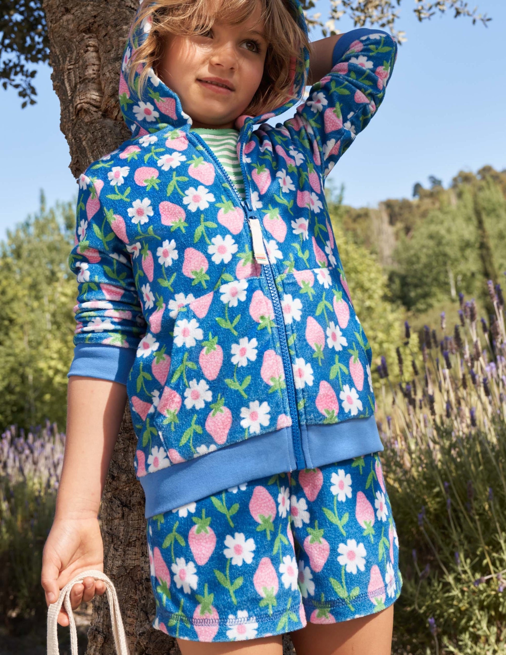 Blue Strawberry Print Towelling Shorts-Bright Marina Blue Strawberry-4