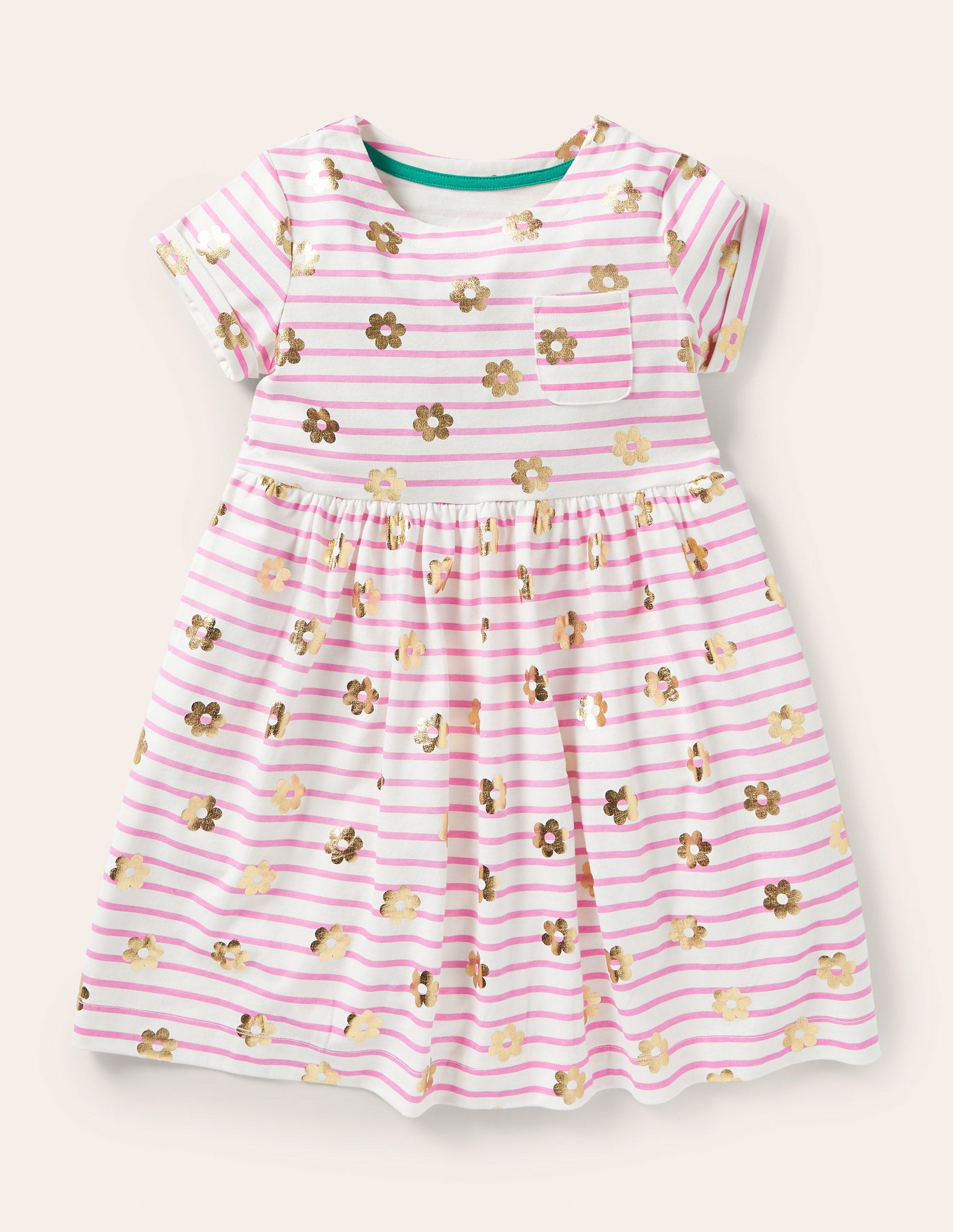 Pink Floral Short Sleeve Jersey Dress-Strawberry Ice Pink Gold Daisy-1