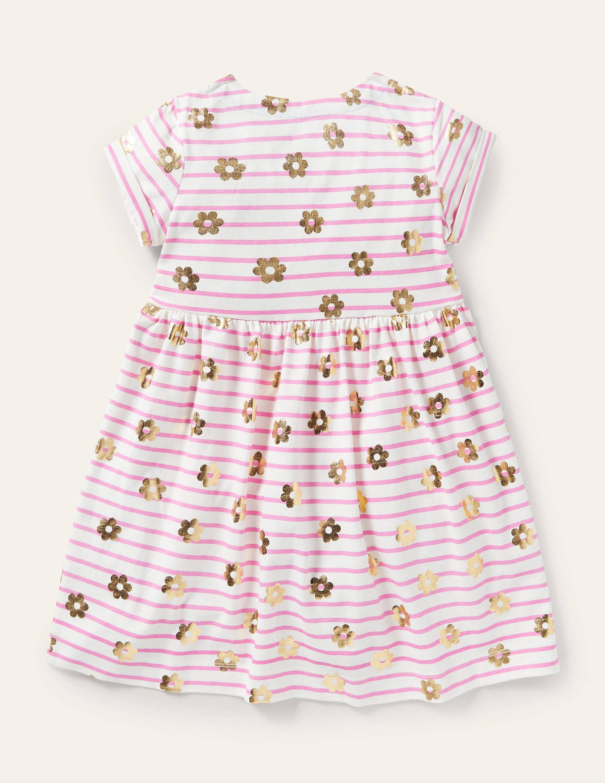 Pink Floral Short Sleeve Jersey Dress-Strawberry Ice Pink Gold Daisy-2