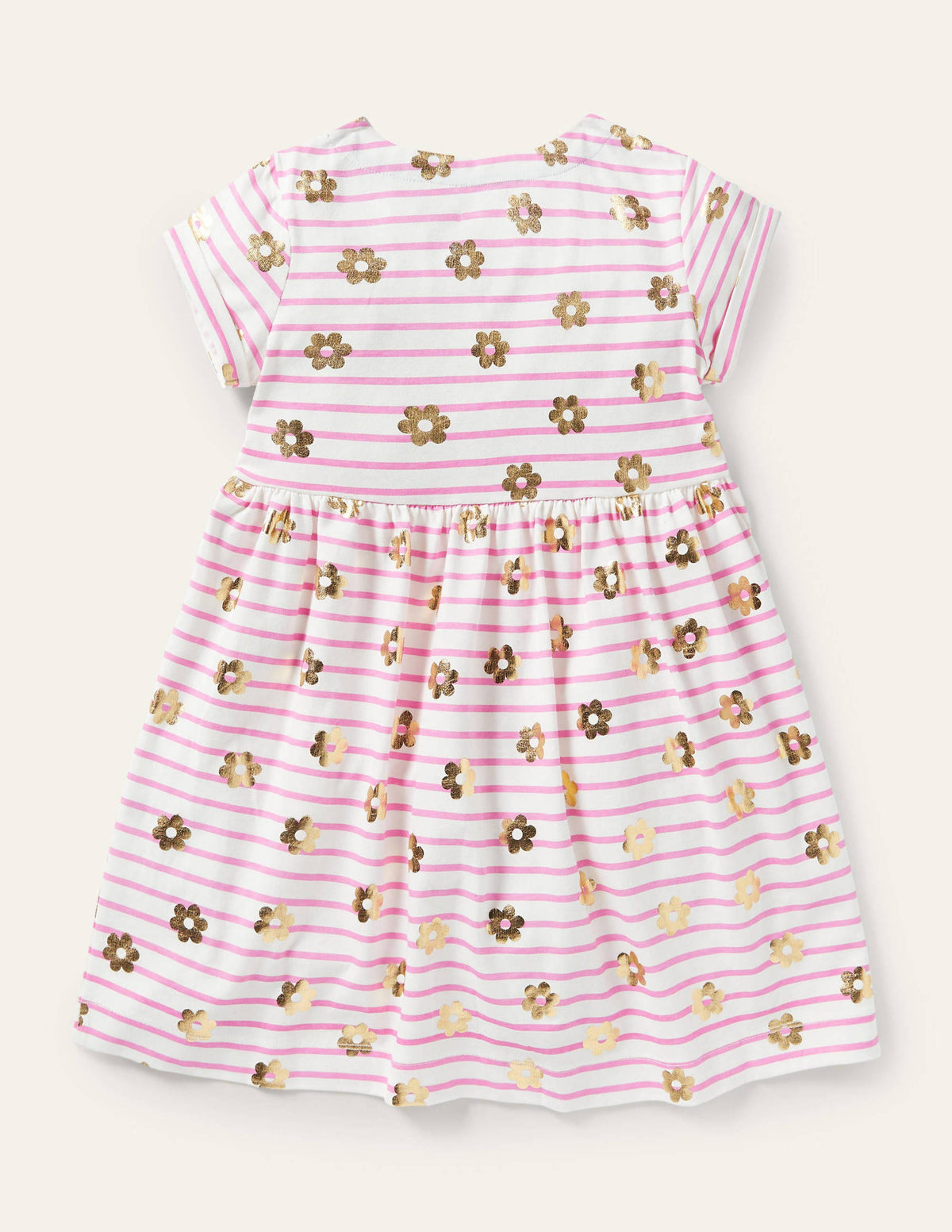 Pink Floral Short Sleeve Jersey Dress-Strawberry Ice Pink Gold Daisy - Image 2