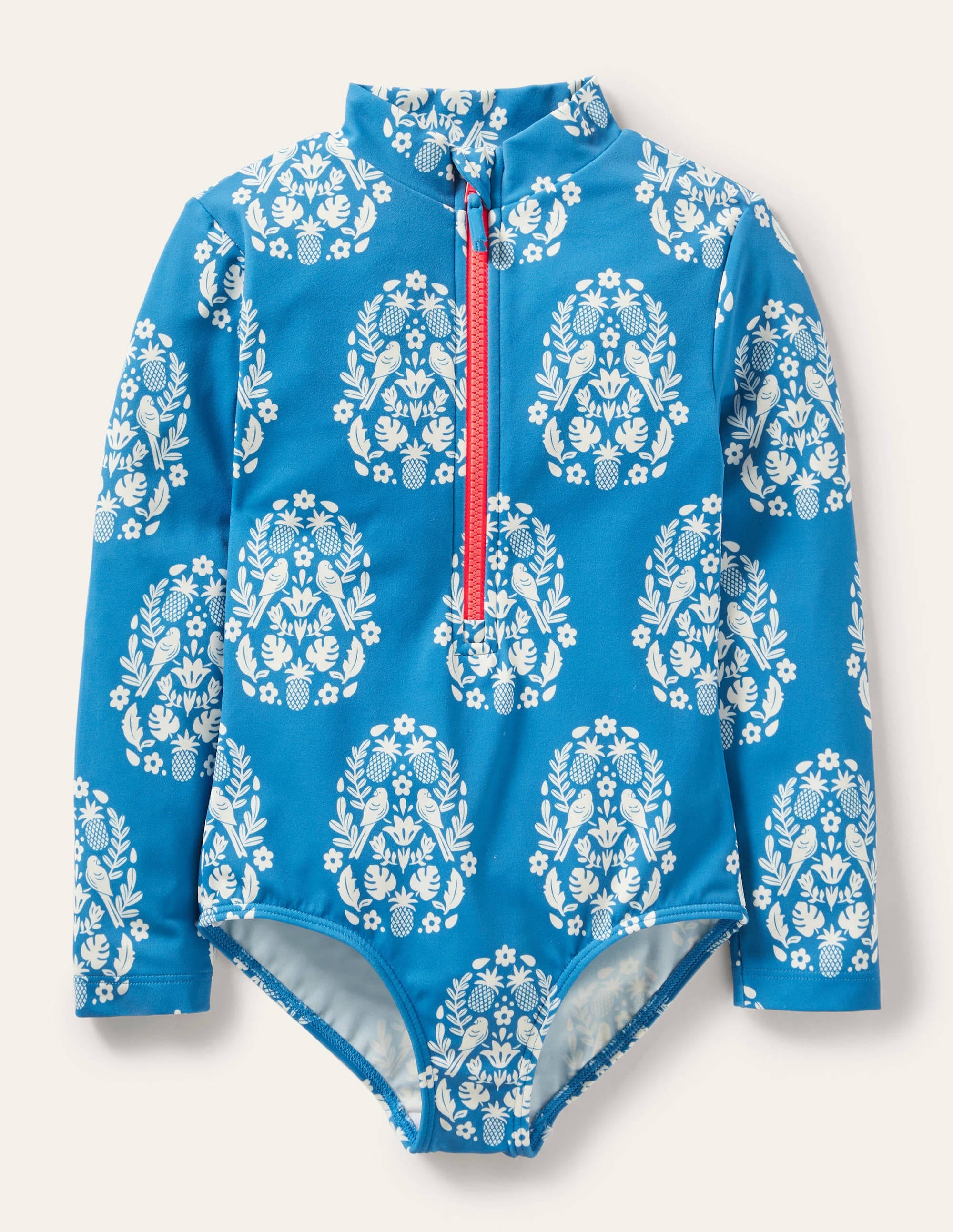 Long-sleeved Swimsuit-Marina Blue Tropical Woodblock - Image 1