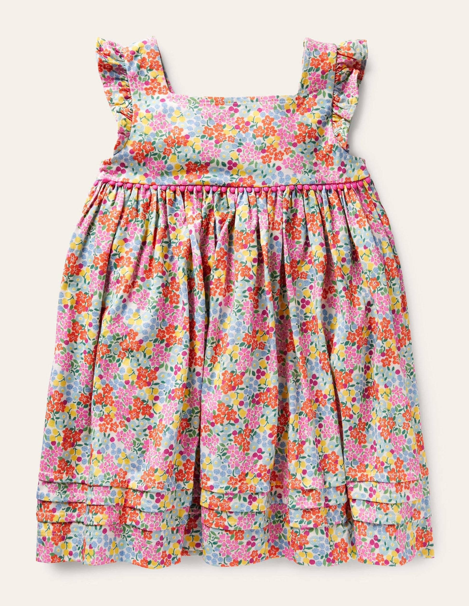 Frill Sleeve Jersey Dress-Multi Tropical Flowerbed-2
