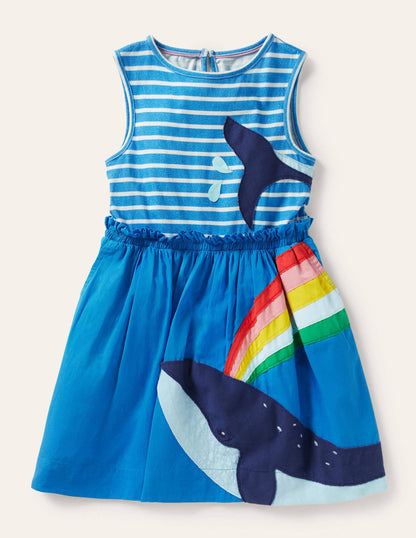Appliqué Woven Mix Dress-Moroccan Blue/ Ivory Whale-1