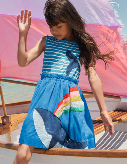 Appliqué Woven Mix Dress-Moroccan Blue/ Ivory Whale-4