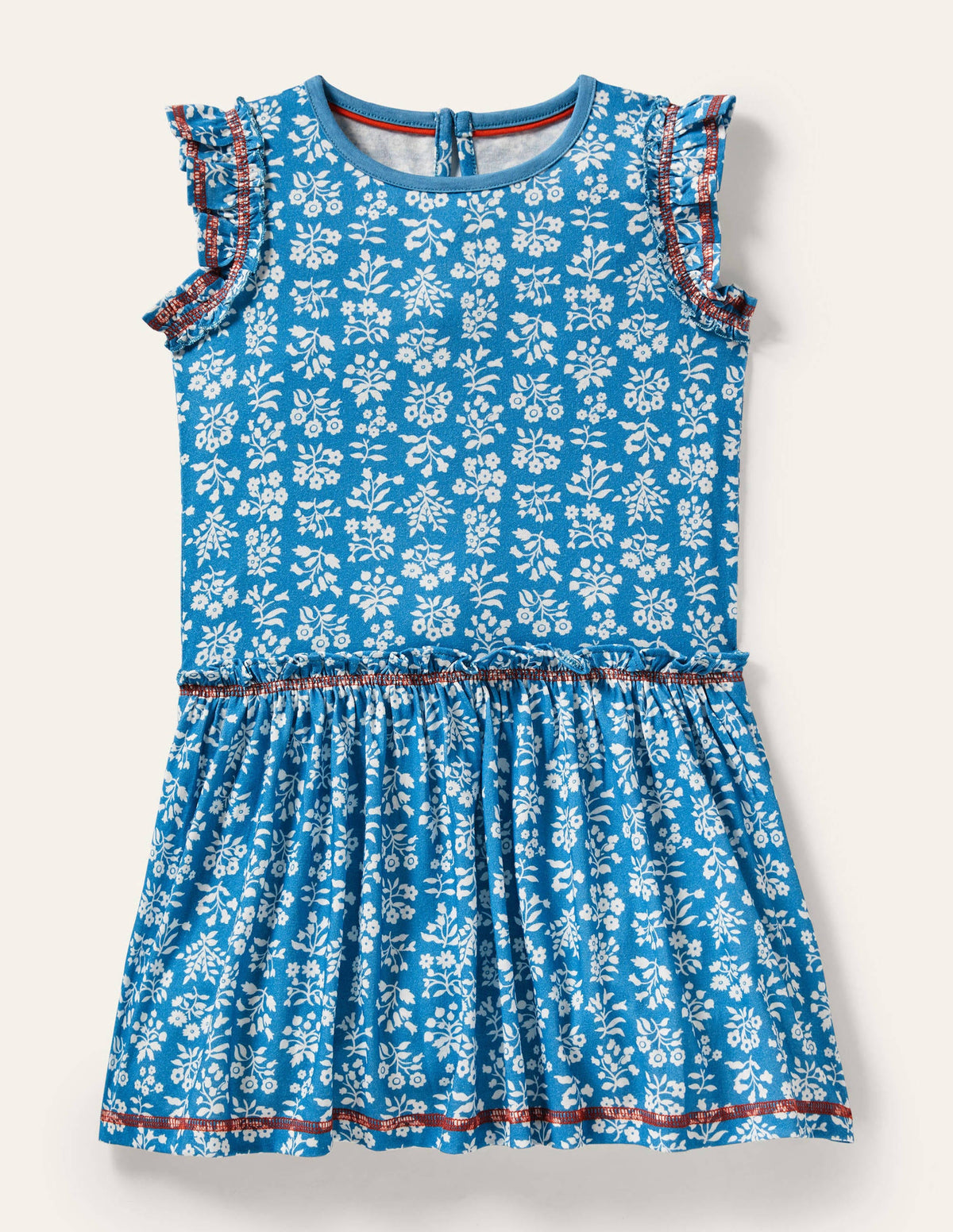 Frill Detail Jersey Dress-Bahama Blue/ Ivory Woodblock-1