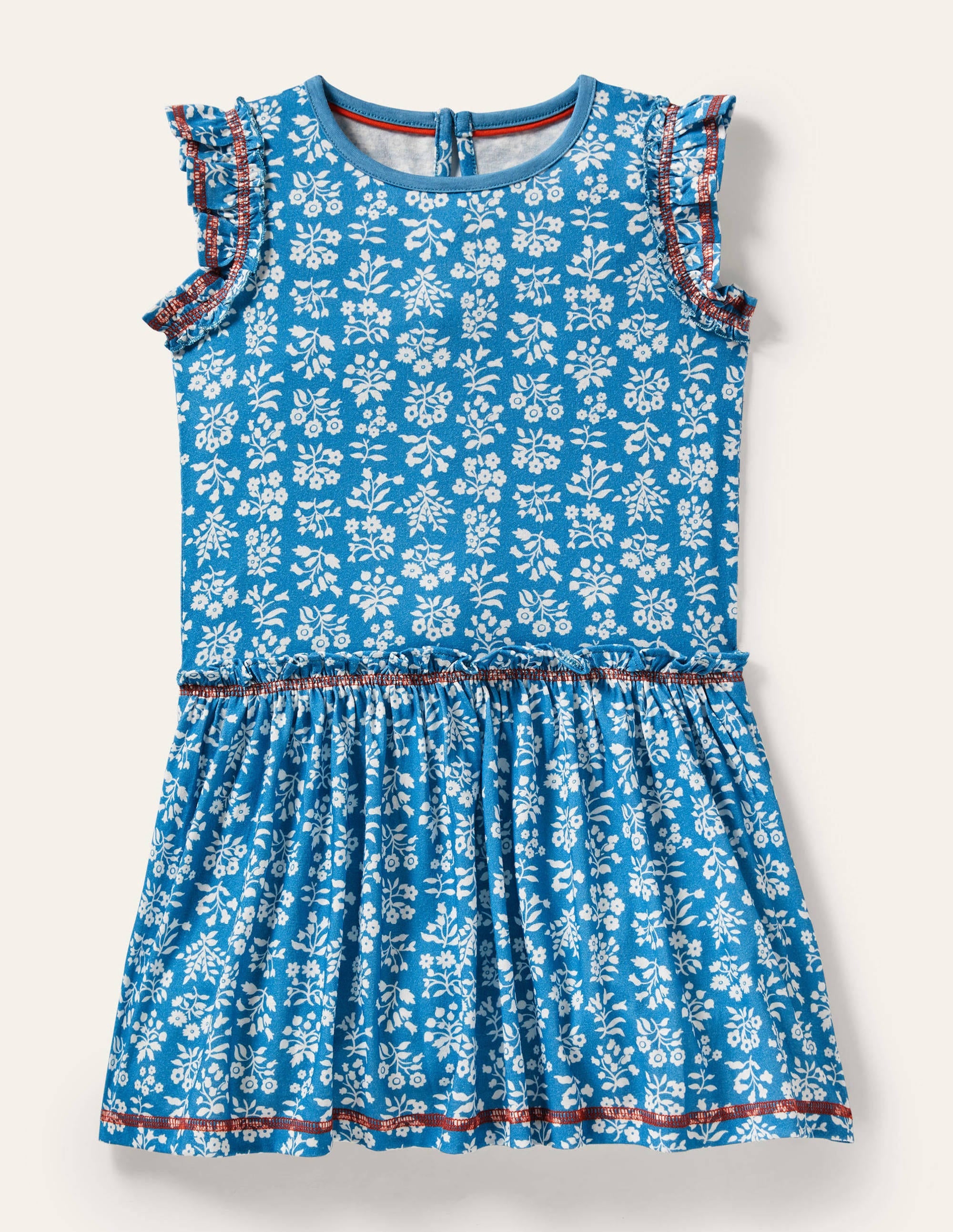 Frill Detail Jersey Dress-Bahama Blue/ Ivory Woodblock - Image 1