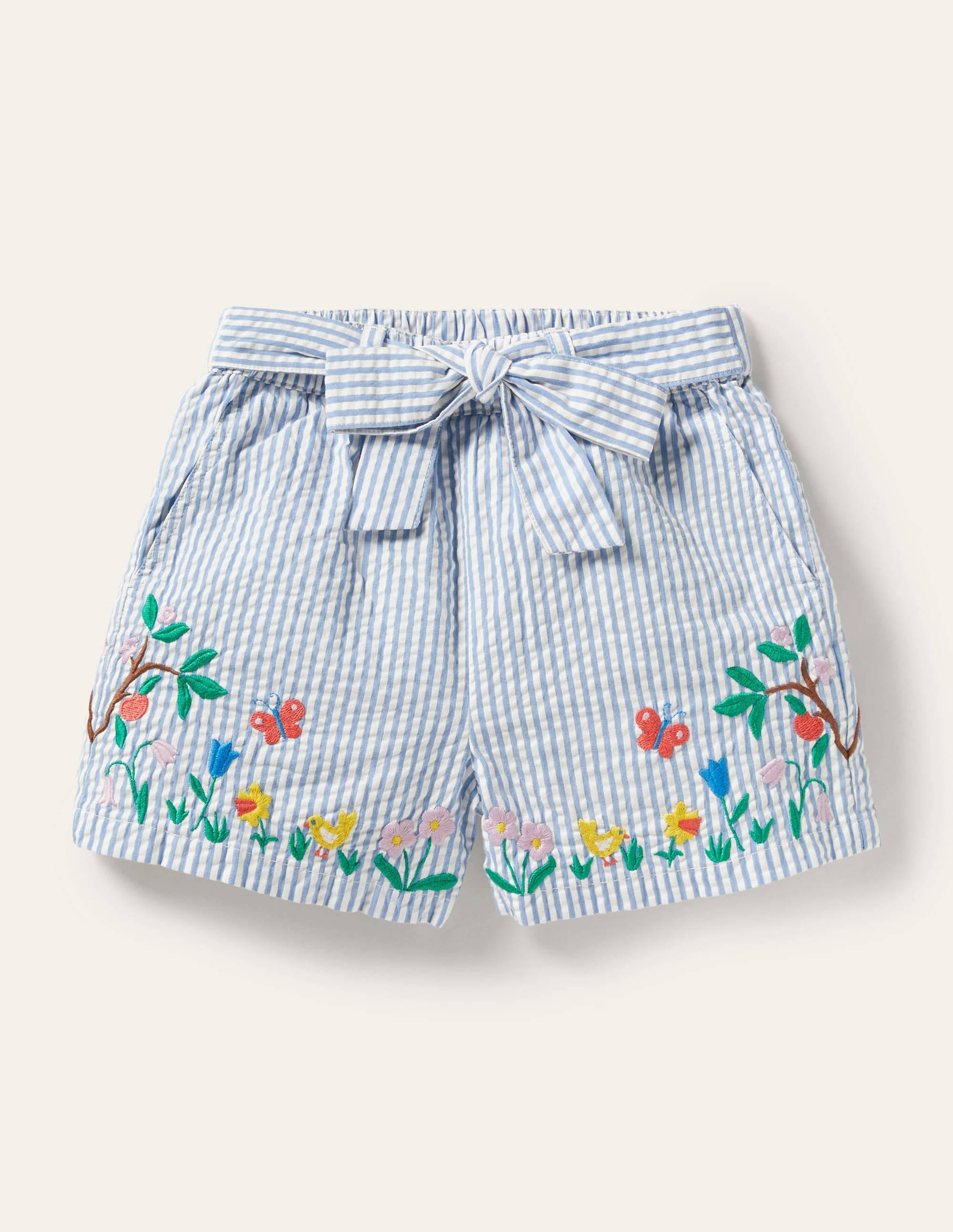 Embroidered Tie-waist Shorts-Bright Bluebell Ticking - Image 1