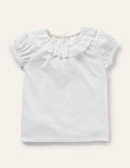 Broderie Collar Jersey Top-White