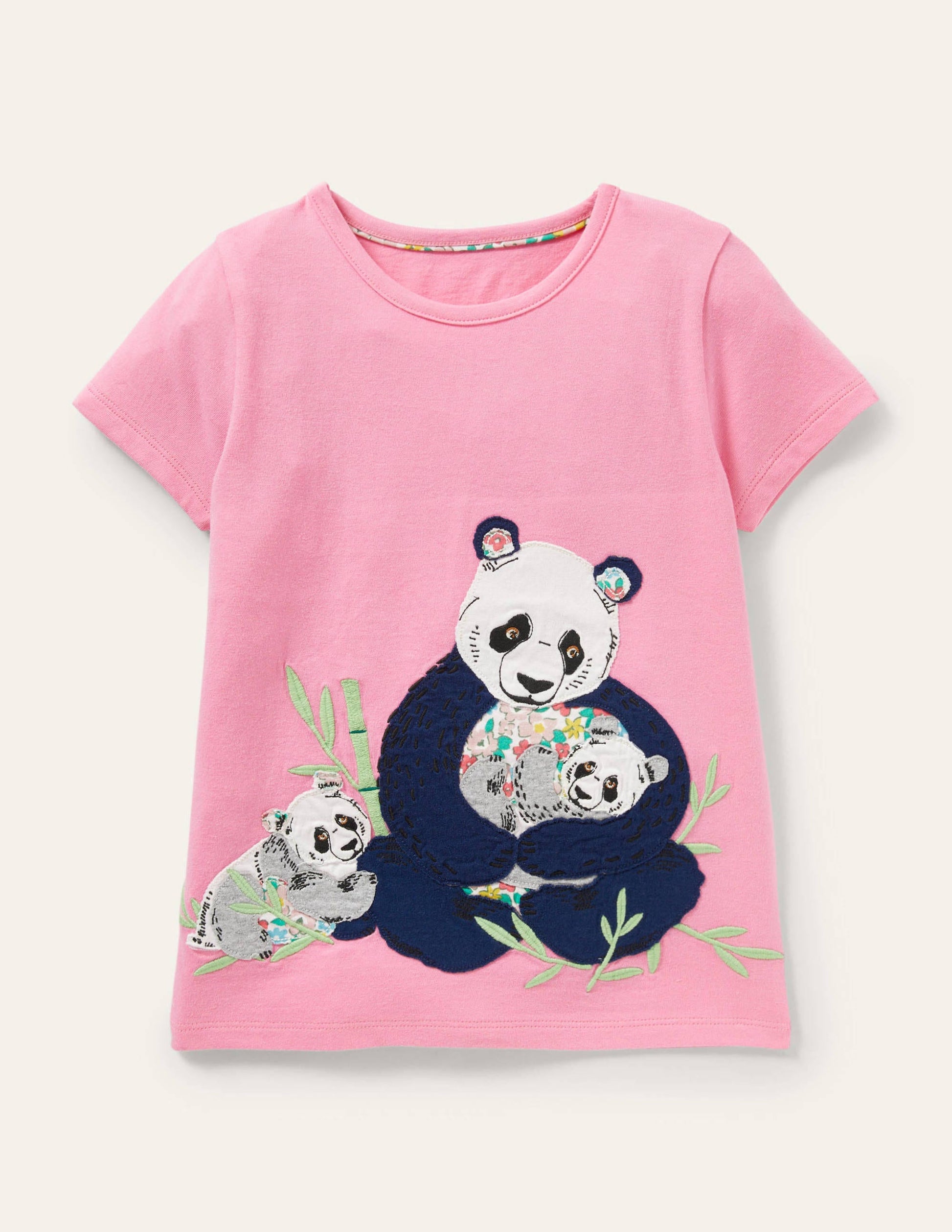 Short-sleeved Appliqué T-shirt-Bright Petal Pink Pandas-1