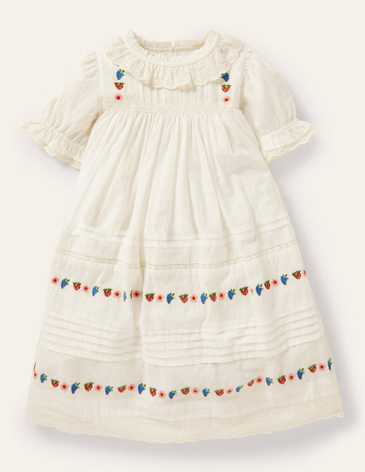White Strawberry Embroidered Smock Dress-Ivory-1