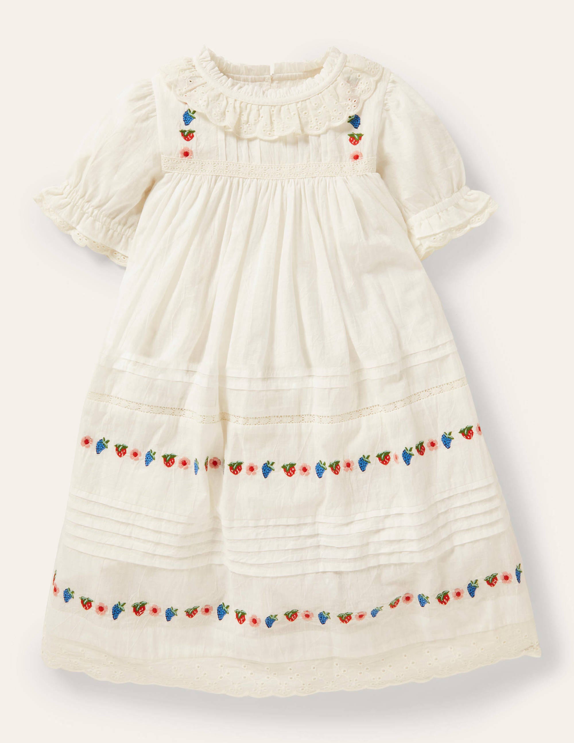 White Strawberry Embroidered Smock Dress-Ivory - Image 1