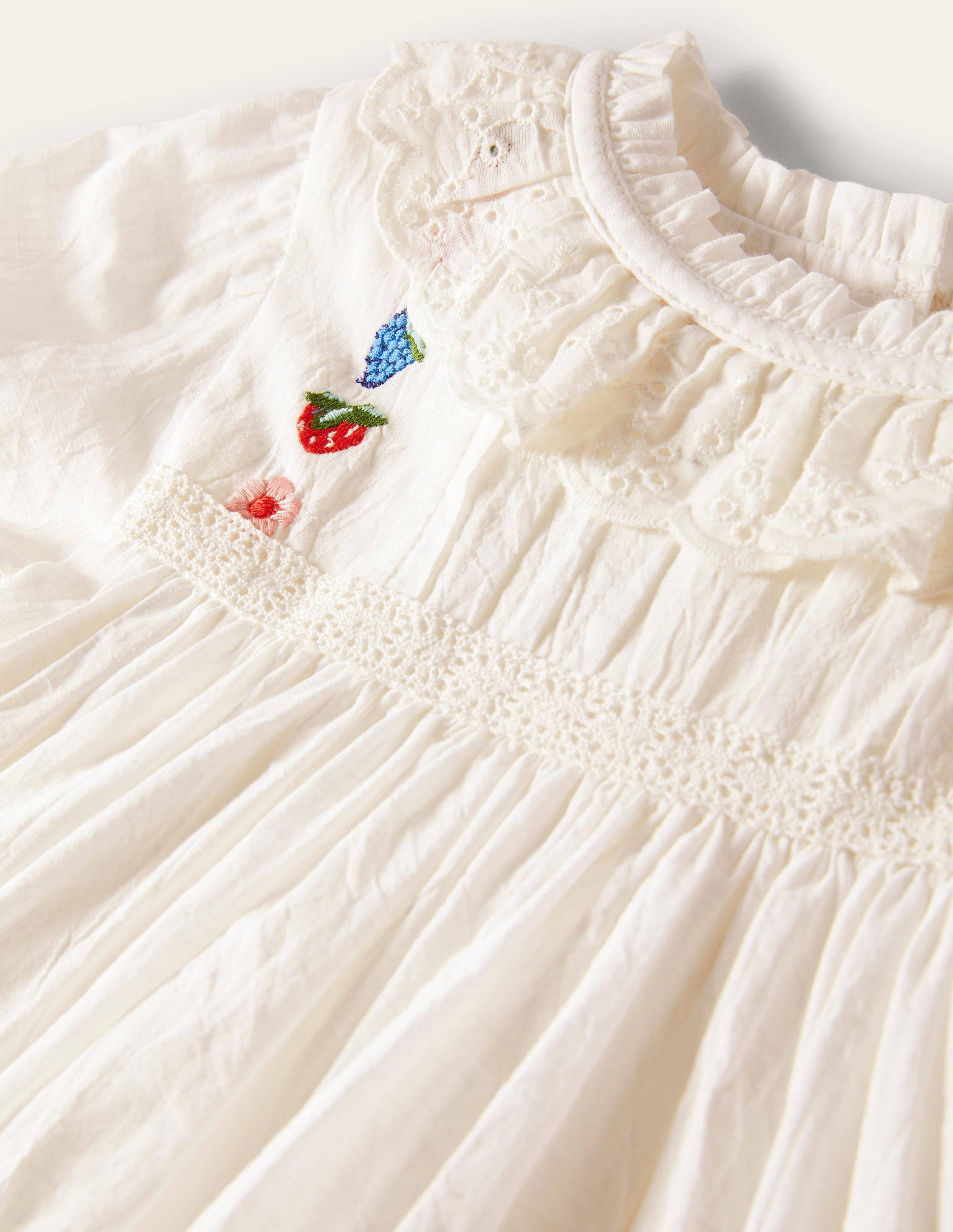 White Strawberry Embroidered Smock Dress-Ivory - Image 3