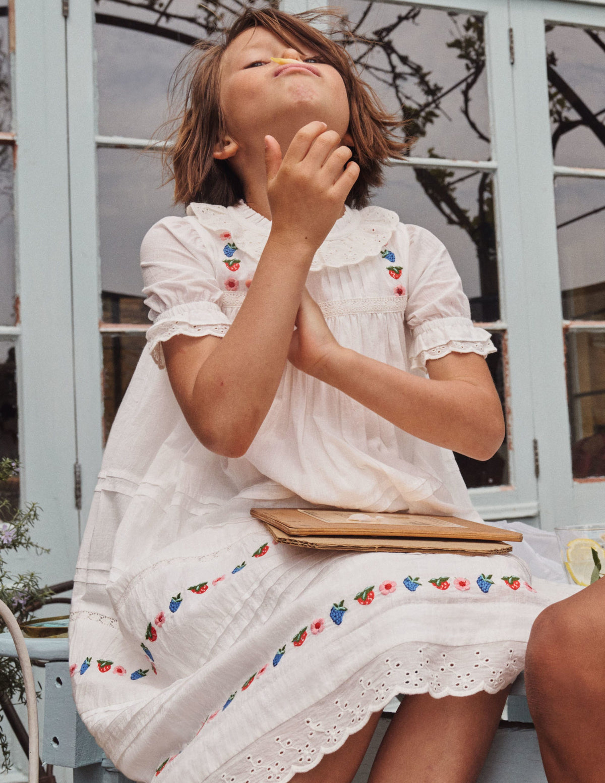 White Strawberry Embroidered Smock Dress-Ivory - Image 4