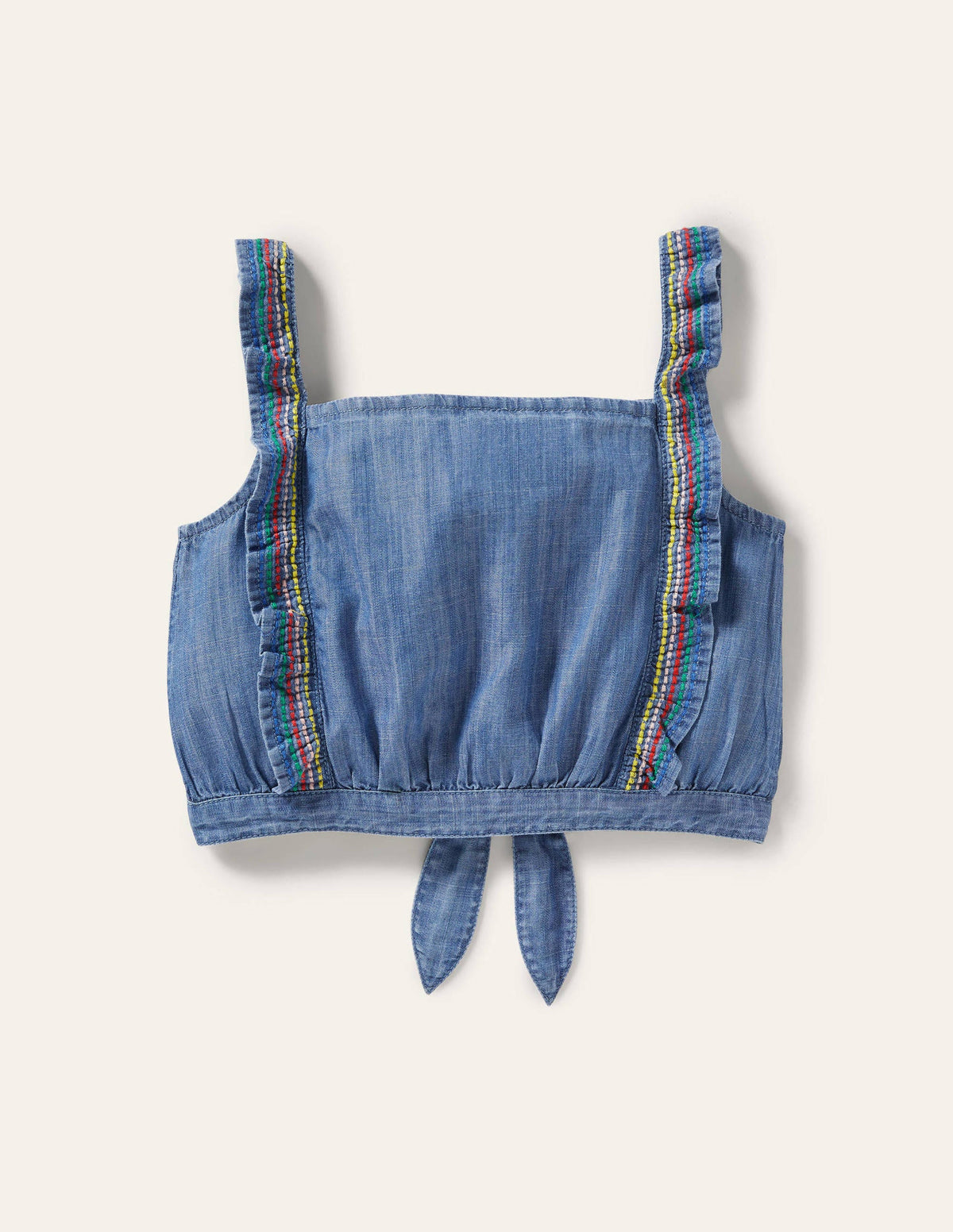 Tie Front Multi Stitch Top-Chambray-2