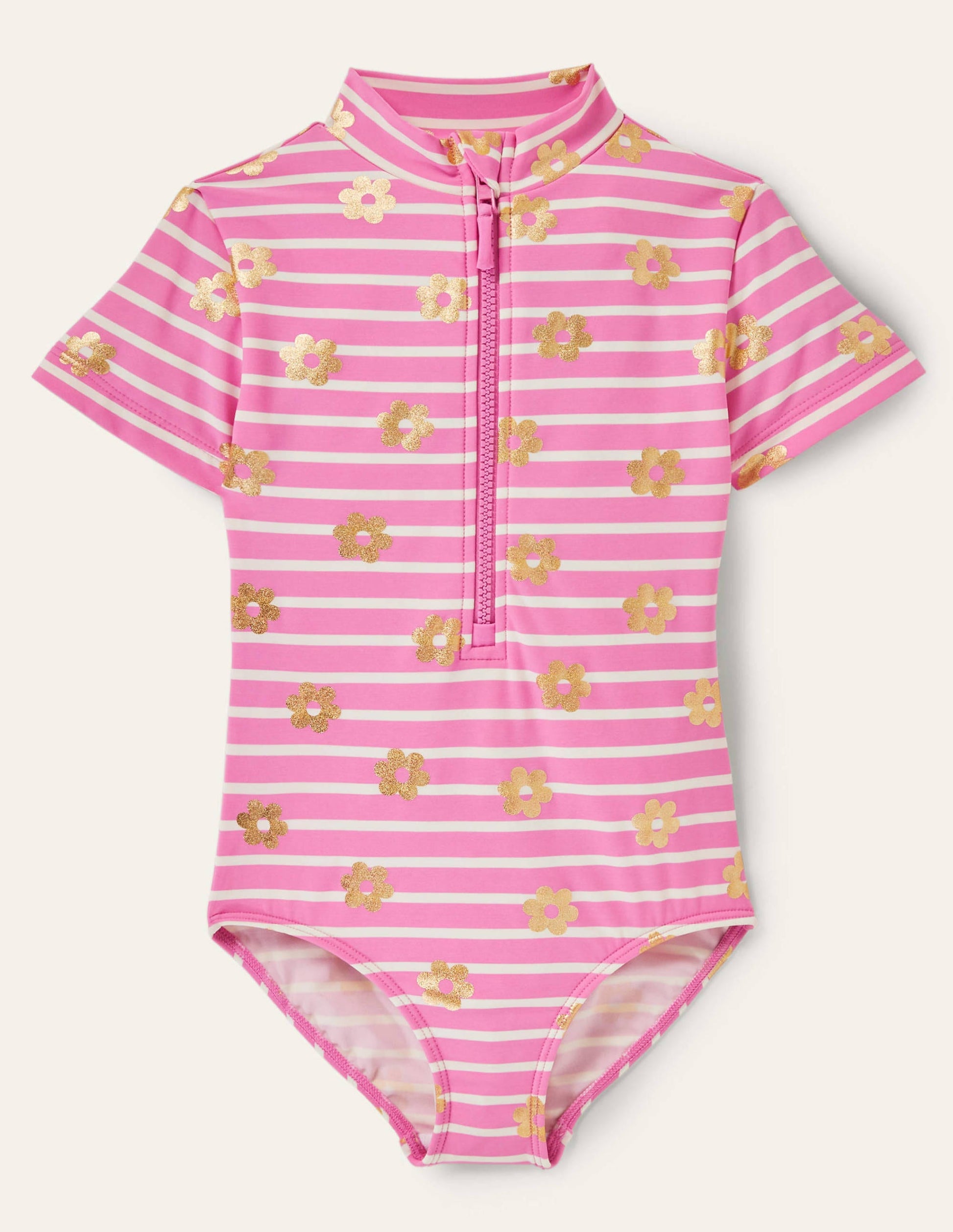 Short-sleeved Swimsuit-Strawberry Pink Foil Daisy-1