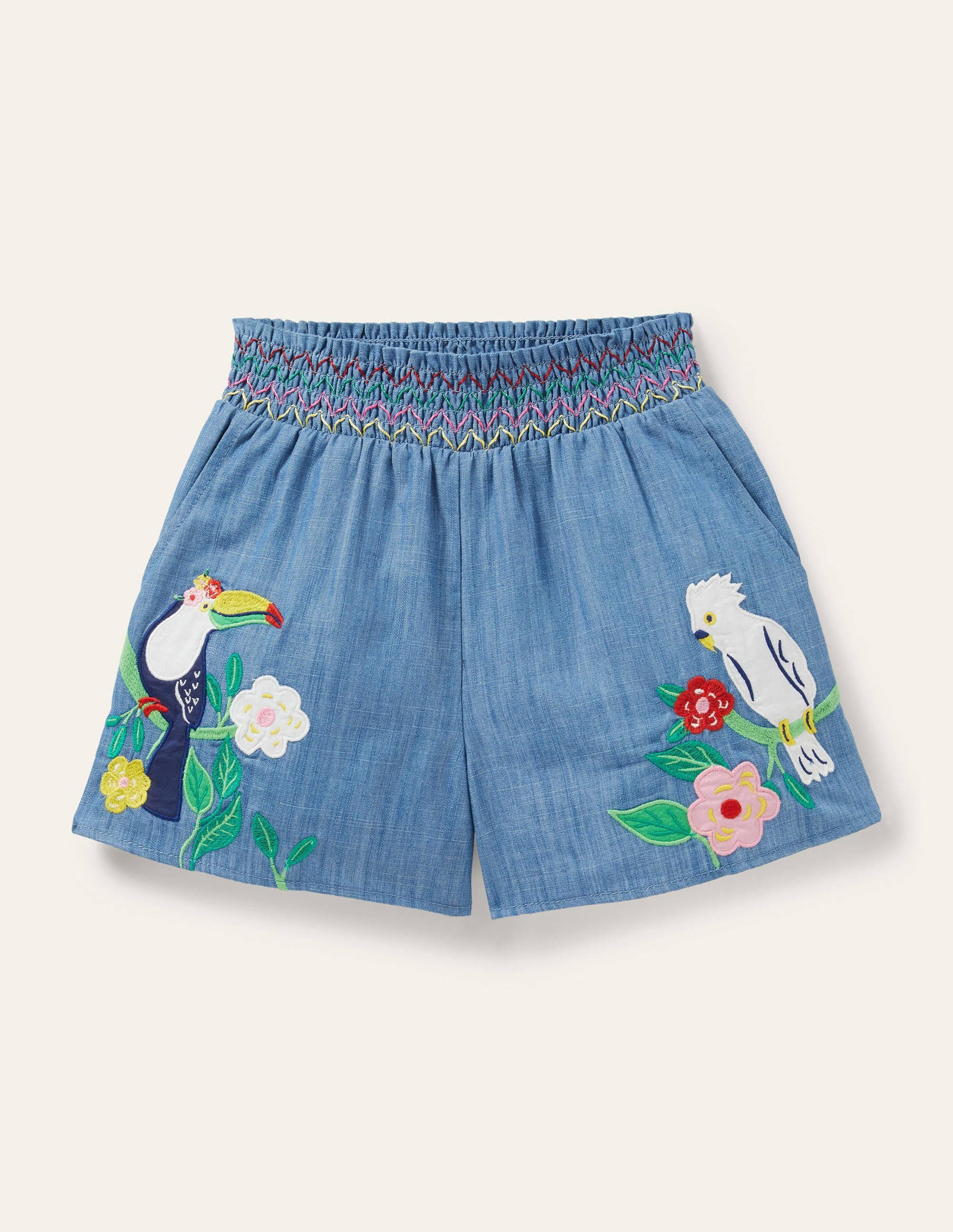 Shirred Embroidered Shorts-Chambray Birds - Image 1