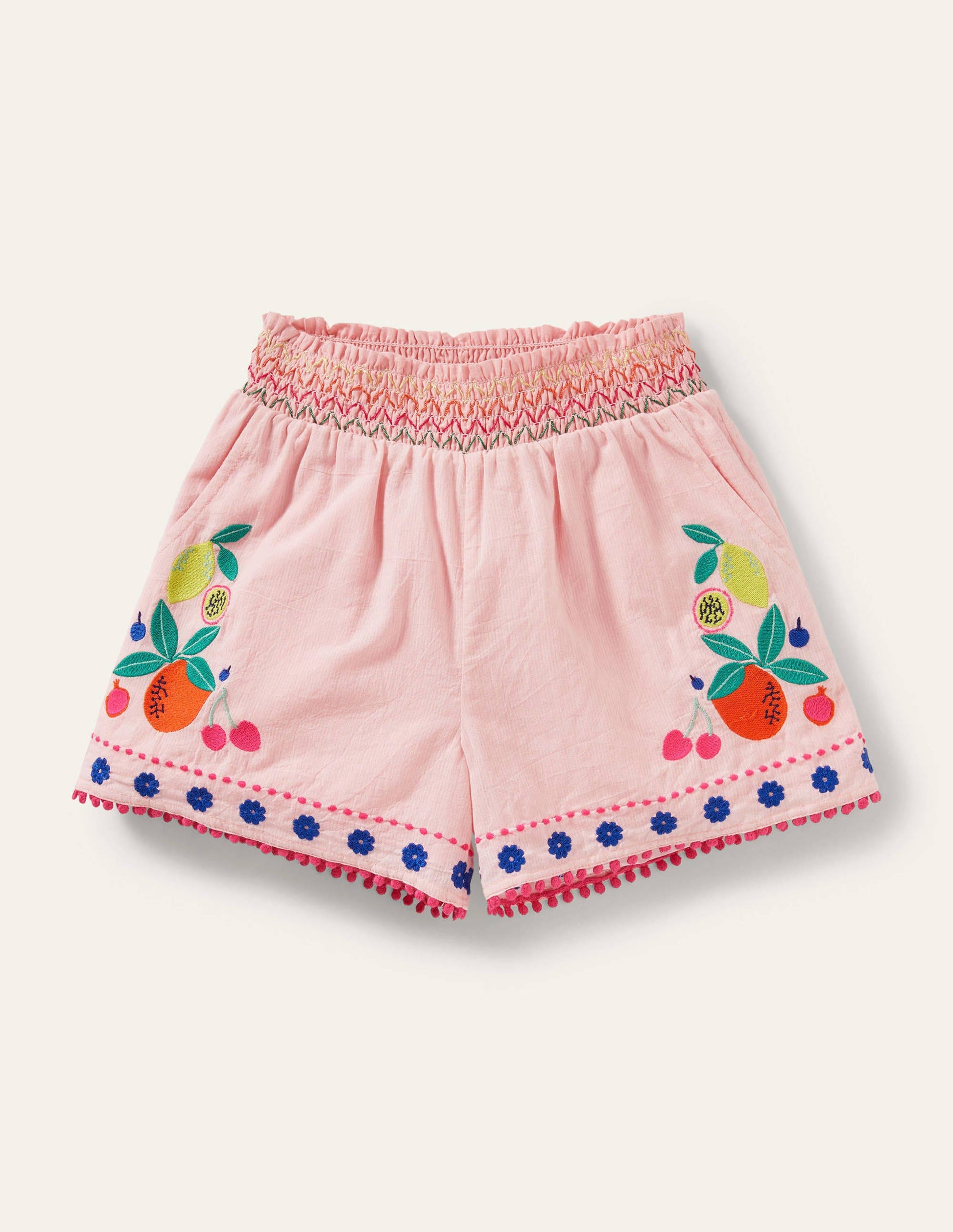 Shirred Embroidered Shorts-Boto Pink Fruit-1