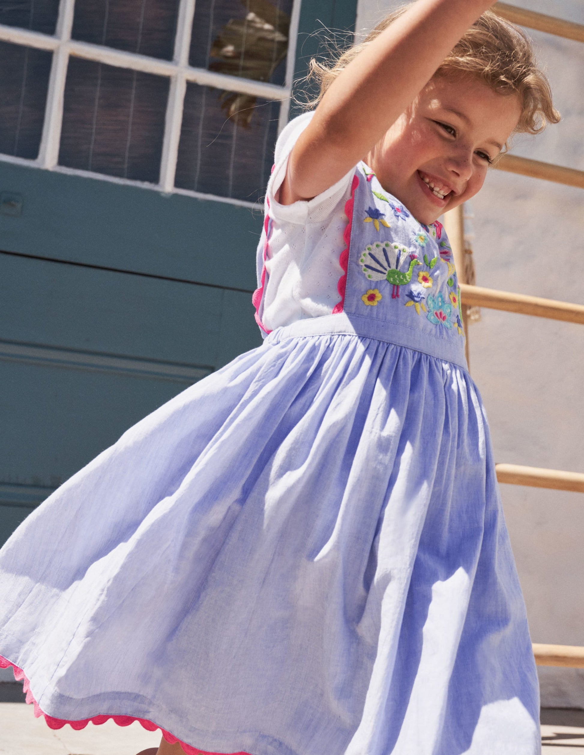 Woven Pinafore Dress-Blue Multi Embroidery-4