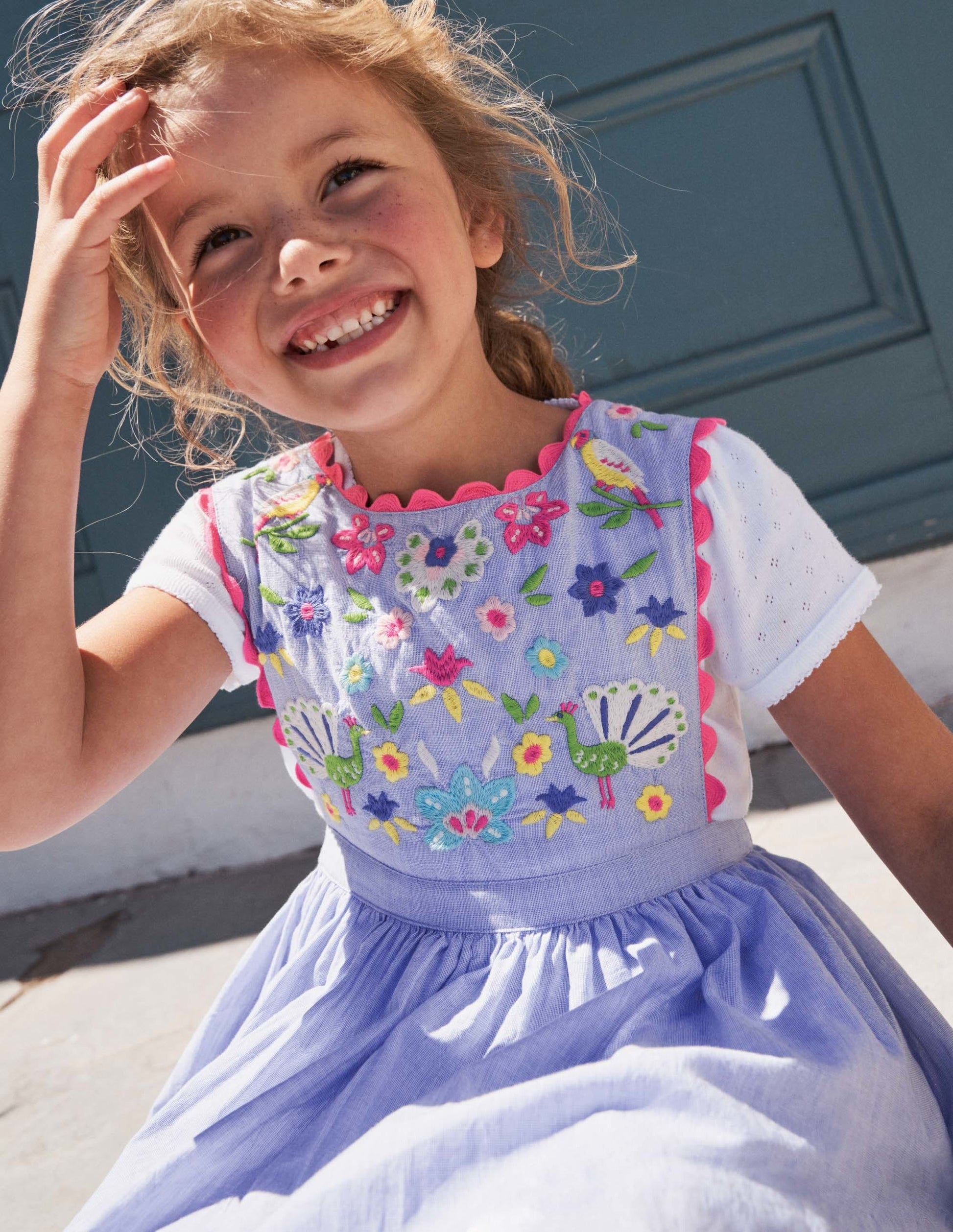 Woven Pinafore Dress-Blue Multi Embroidery-5