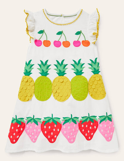 Big Appliqué Woven Dress-White Fruit-1