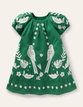 Puff Sleeve Embroidered Dress-Green Pepper Birds