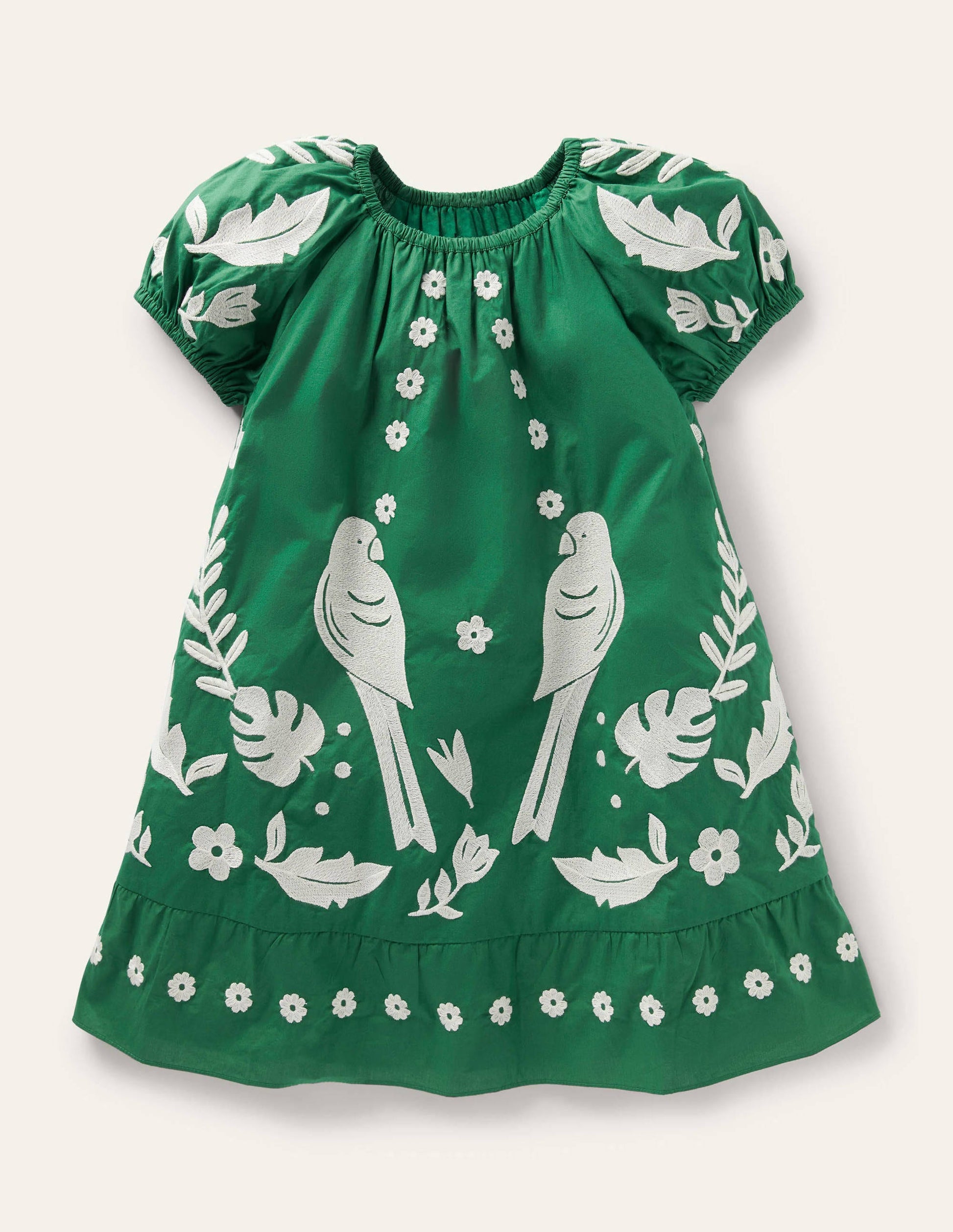 Puff Sleeve Embroidered Dress-Green Pepper Birds-1