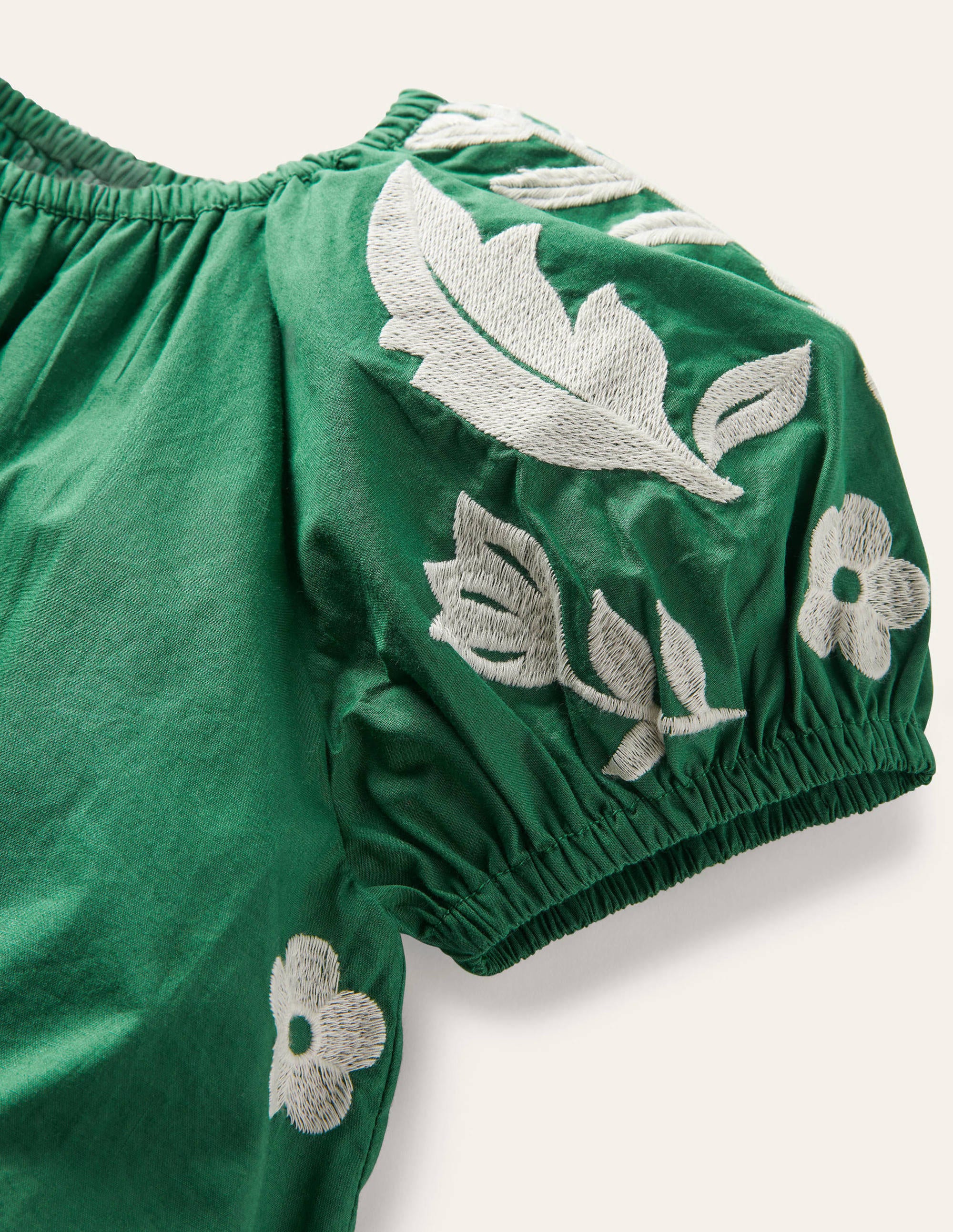 Puff Sleeve Embroidered Dress-Green Pepper Birds - Image 3