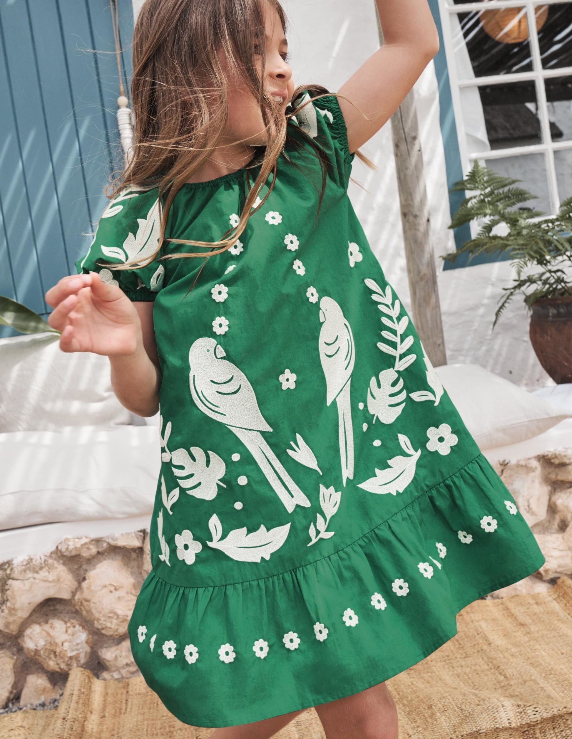 Puff Sleeve Embroidered Dress-Green Pepper Birds-4