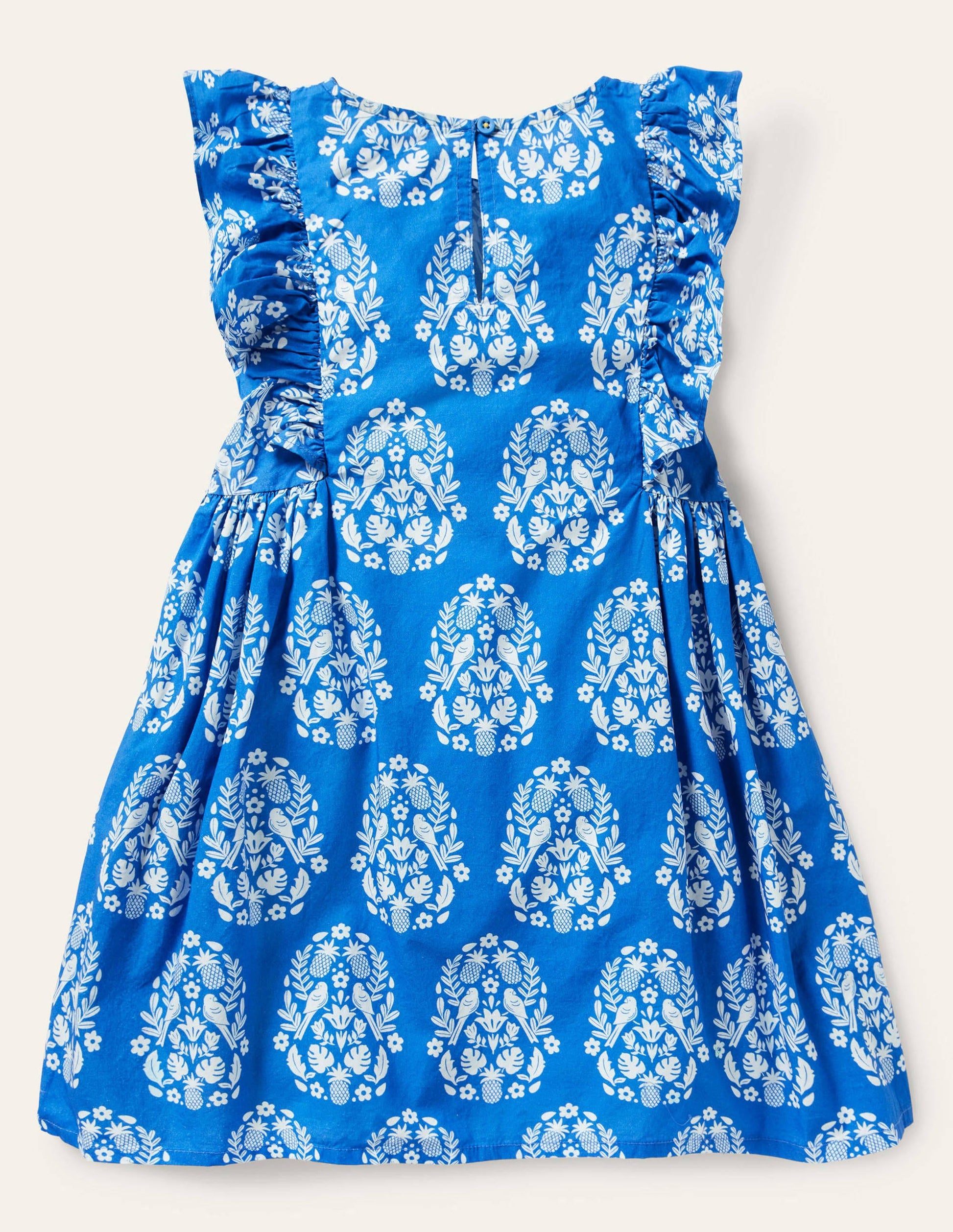 Frill Sleeve Printed Dress-Bright Marina Blue Woodblock-2