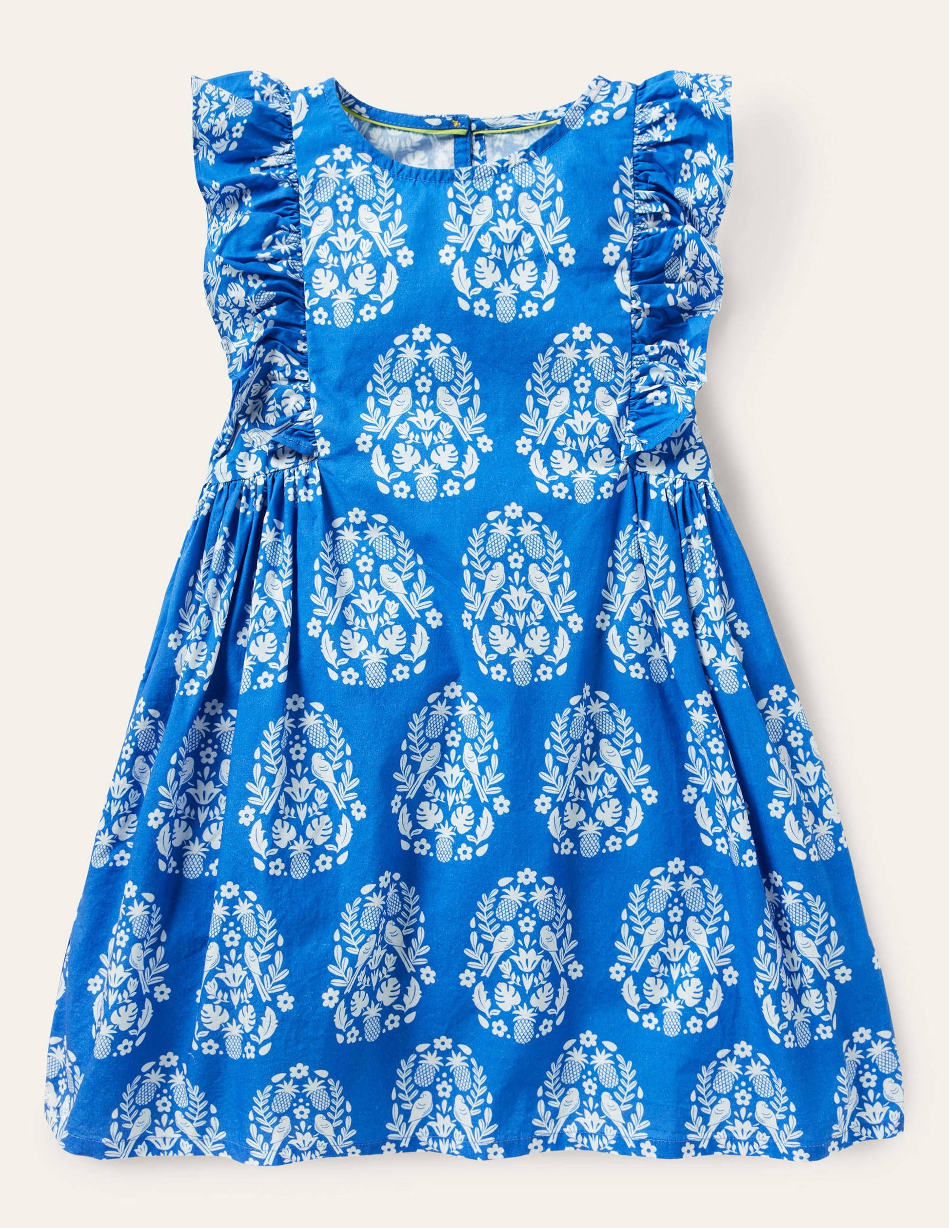 Frill Sleeve Printed Dress-Bright Marina Blue Woodblock-1