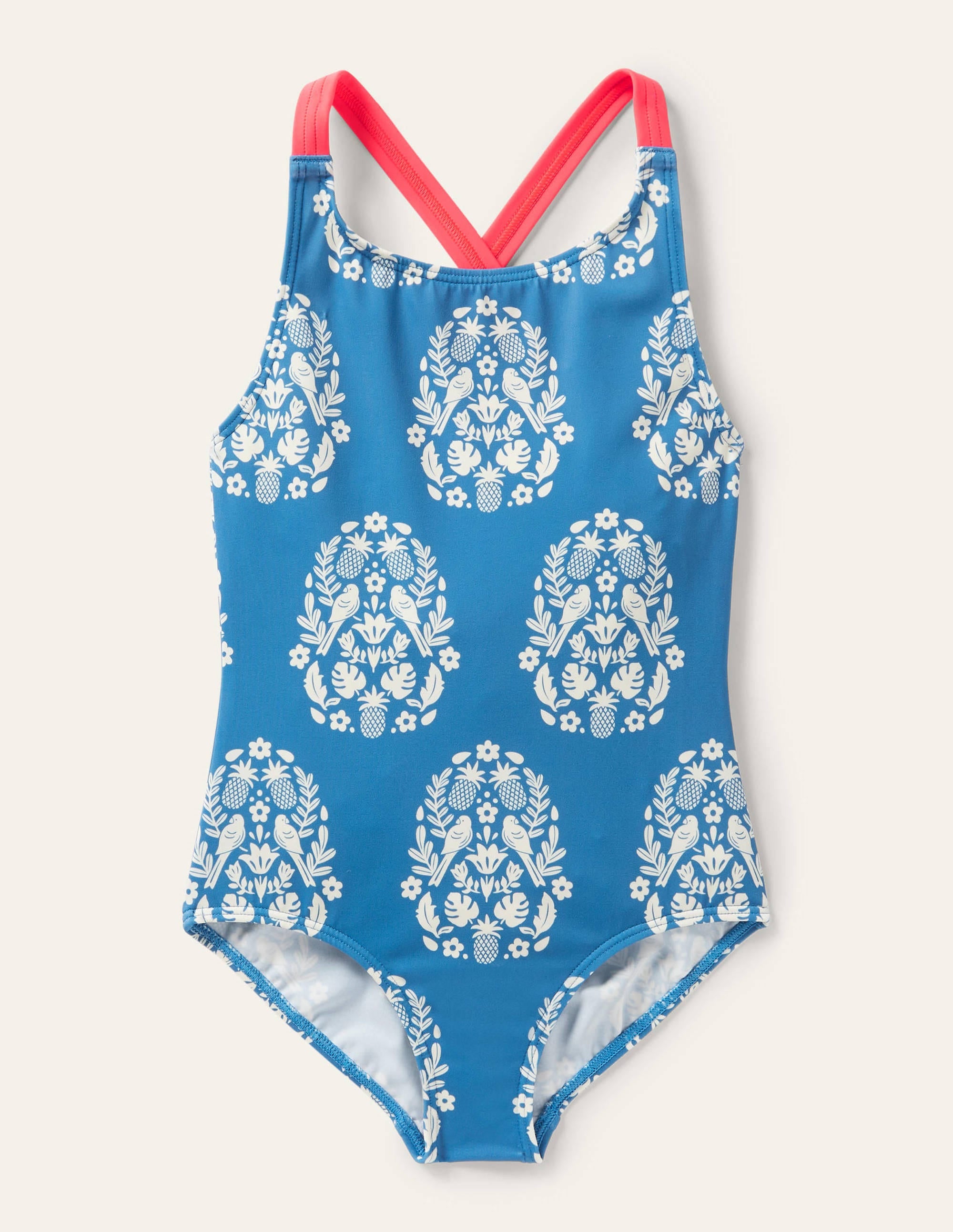 Cross-back Printed Swimsuit-Marine Blue Tropical Woodblock - Image 1
