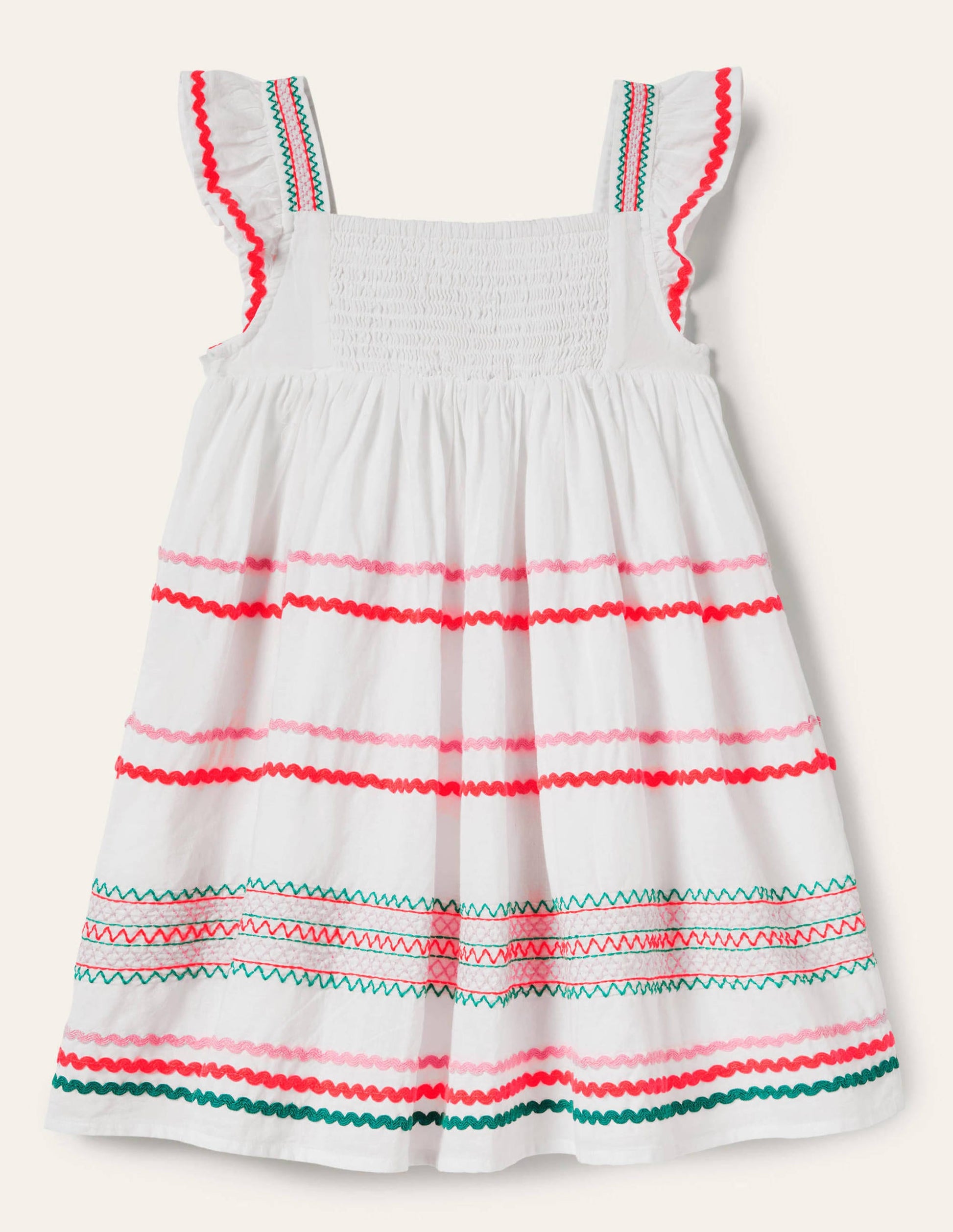 Embroidered Smock Dress-White-2