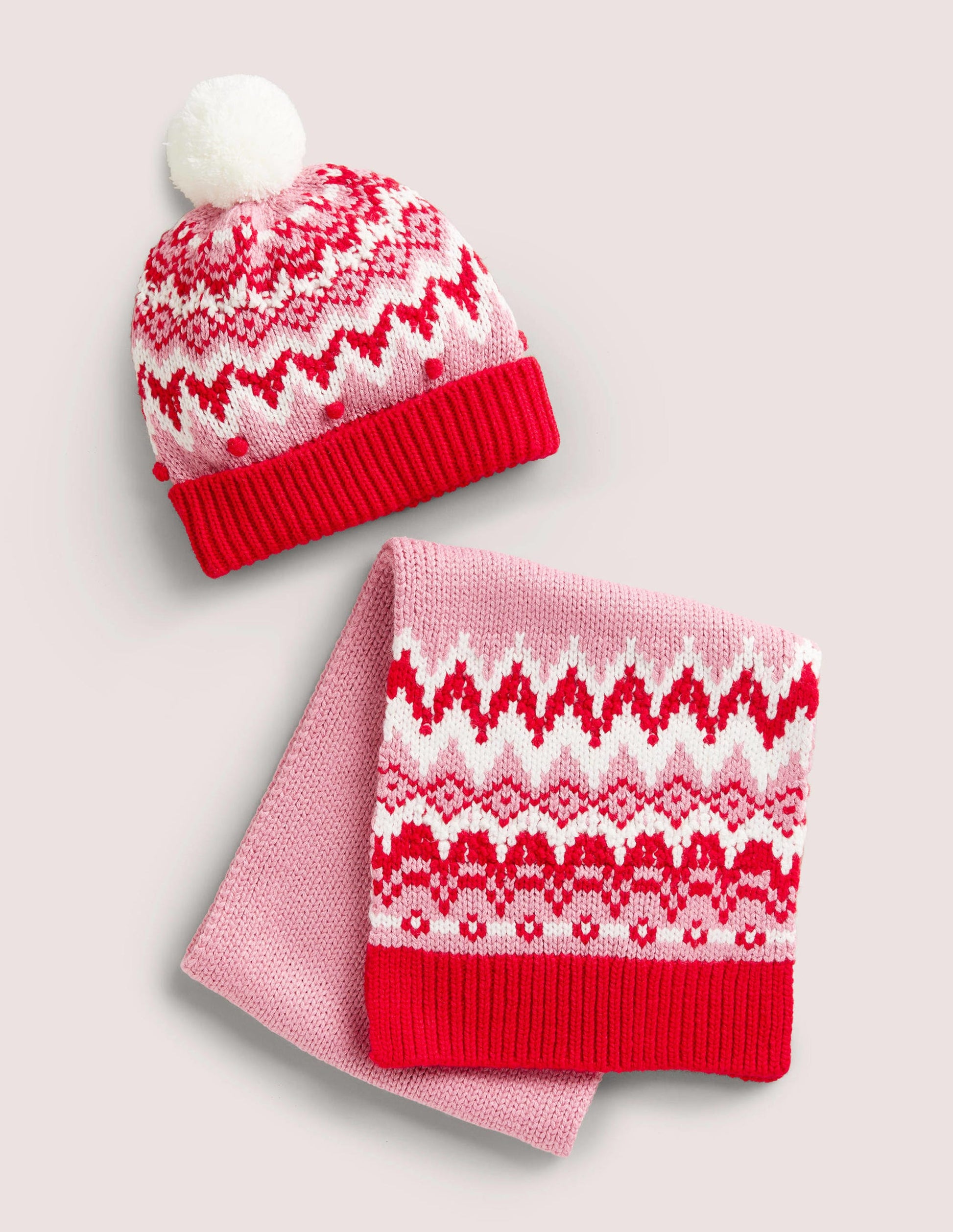 Fair Isle Hat and Scarf set-Pink-1