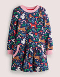 Cosy Printed Sweatshirt Dress-College Navy Festive Toile
