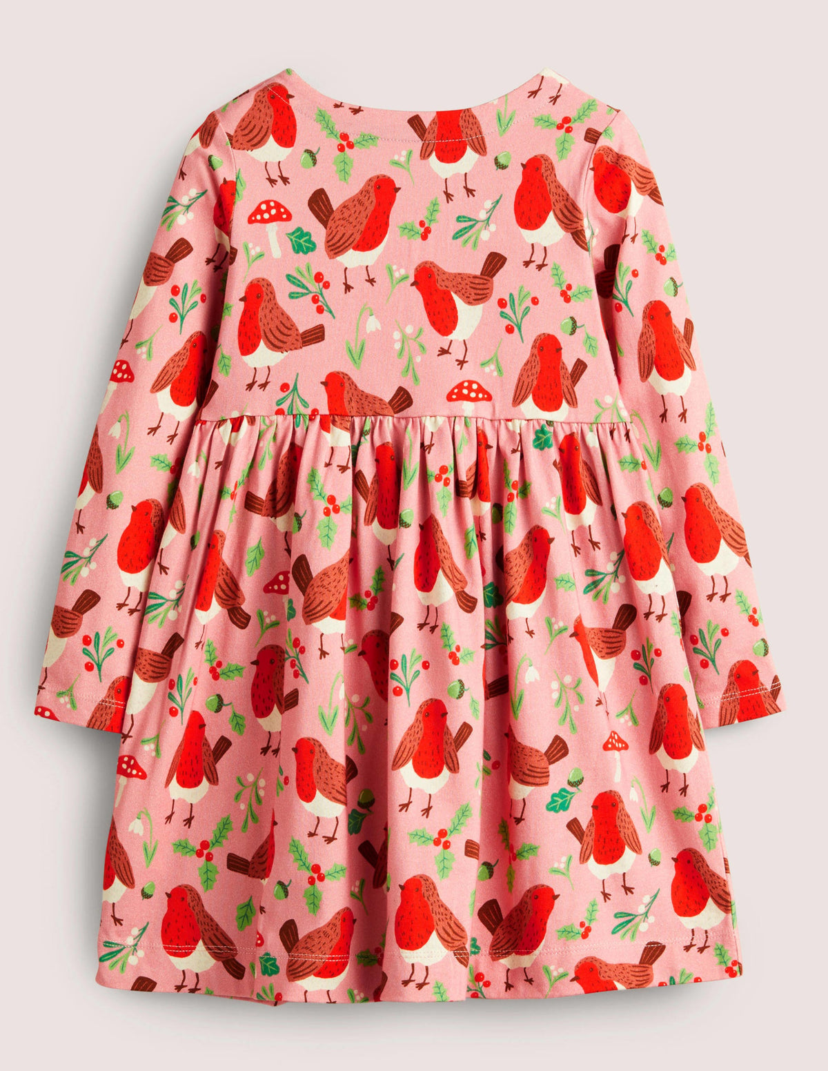 Long Sleeve Fun Jersey Dress-Formica Pink Festive Robins - Image 2