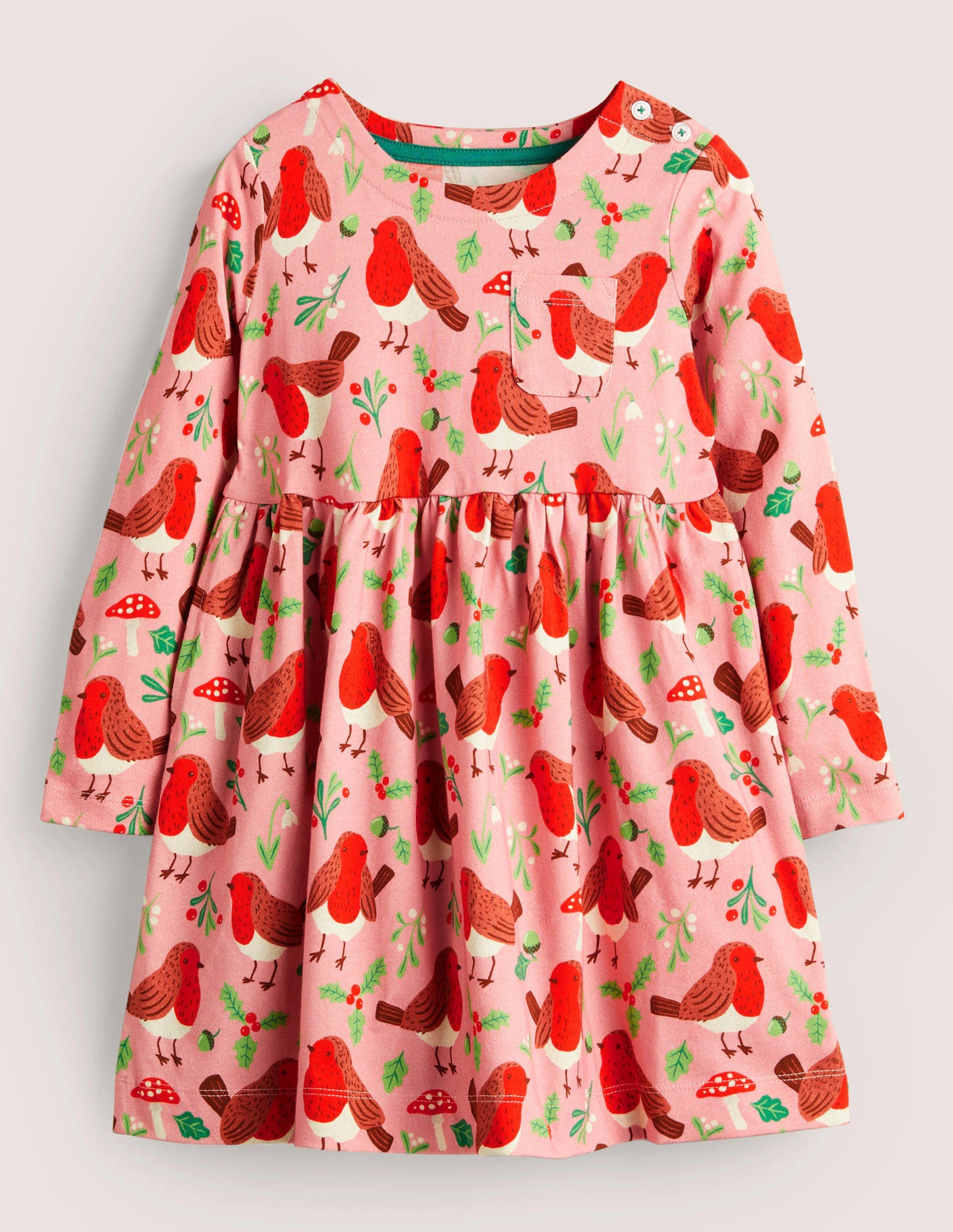 Long Sleeve Fun Jersey Dress-Formica Pink Festive Robins-1