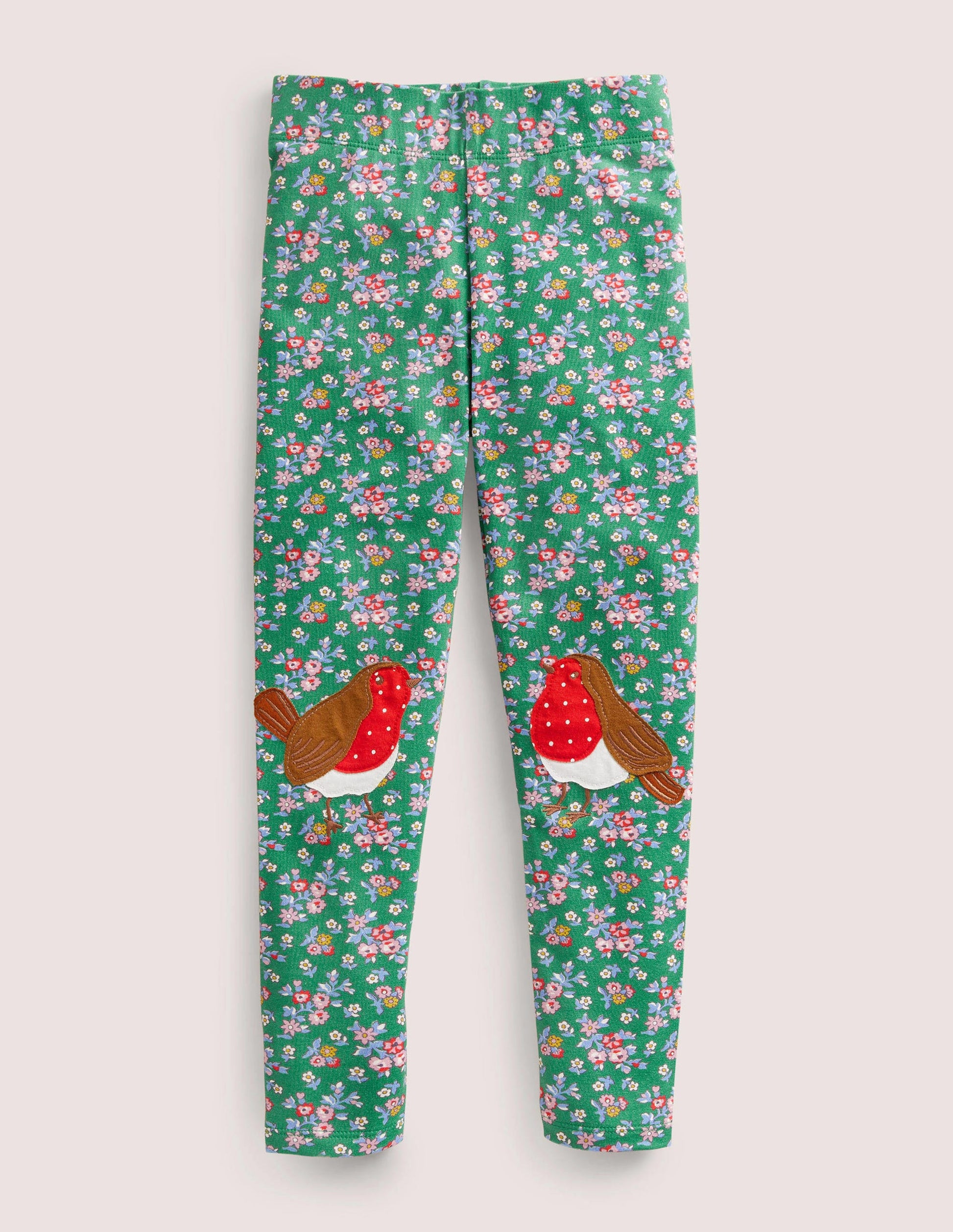 Fun Appliqué Leggings-Shady Glade Green Robins-1