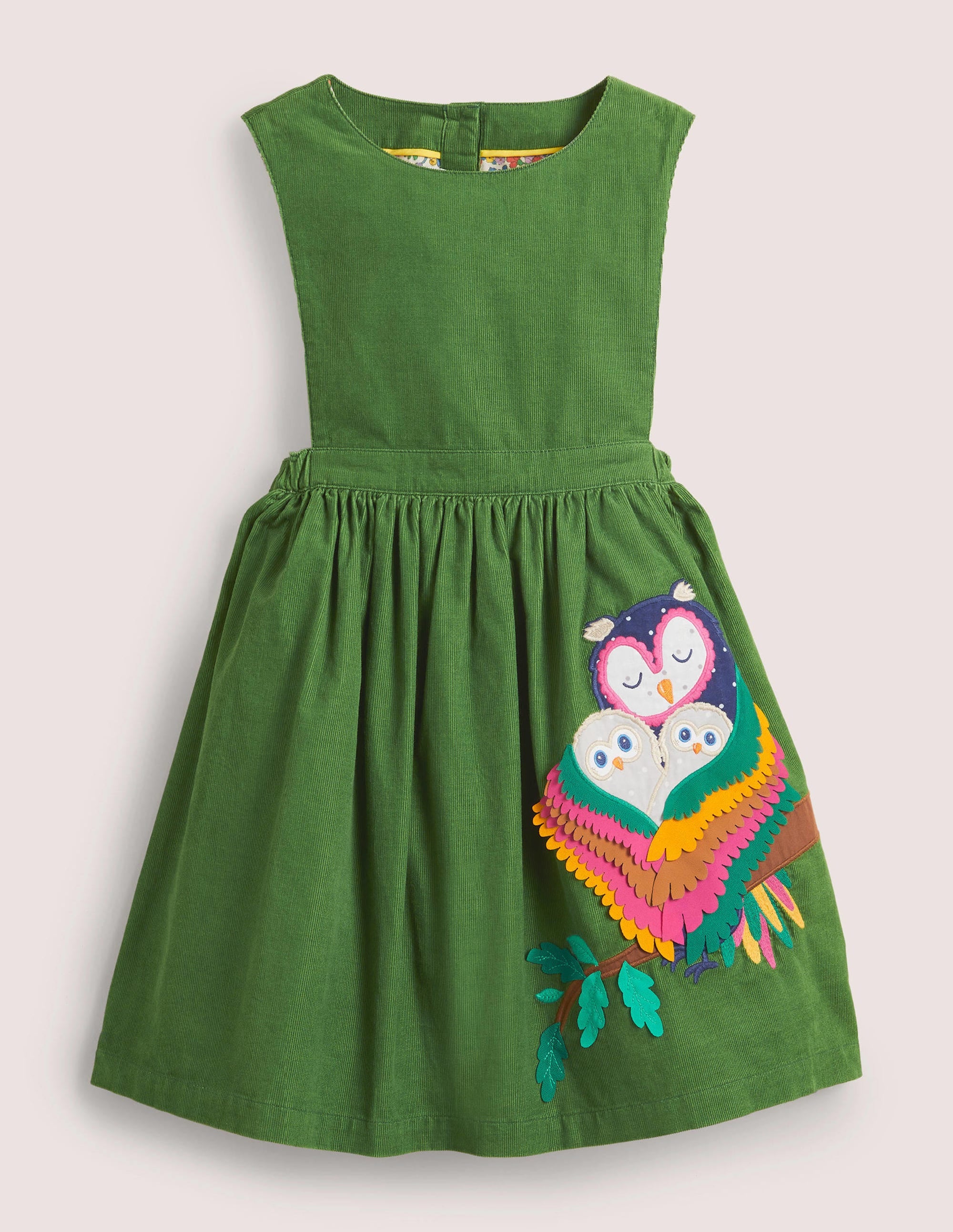 Appliqué Pinafore Dress-Olive Green Owls - Image 1