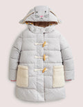 Grey Dotted Bunny Hood Longline Puffer Jacket-Shale Grey Pin Spot Bunny