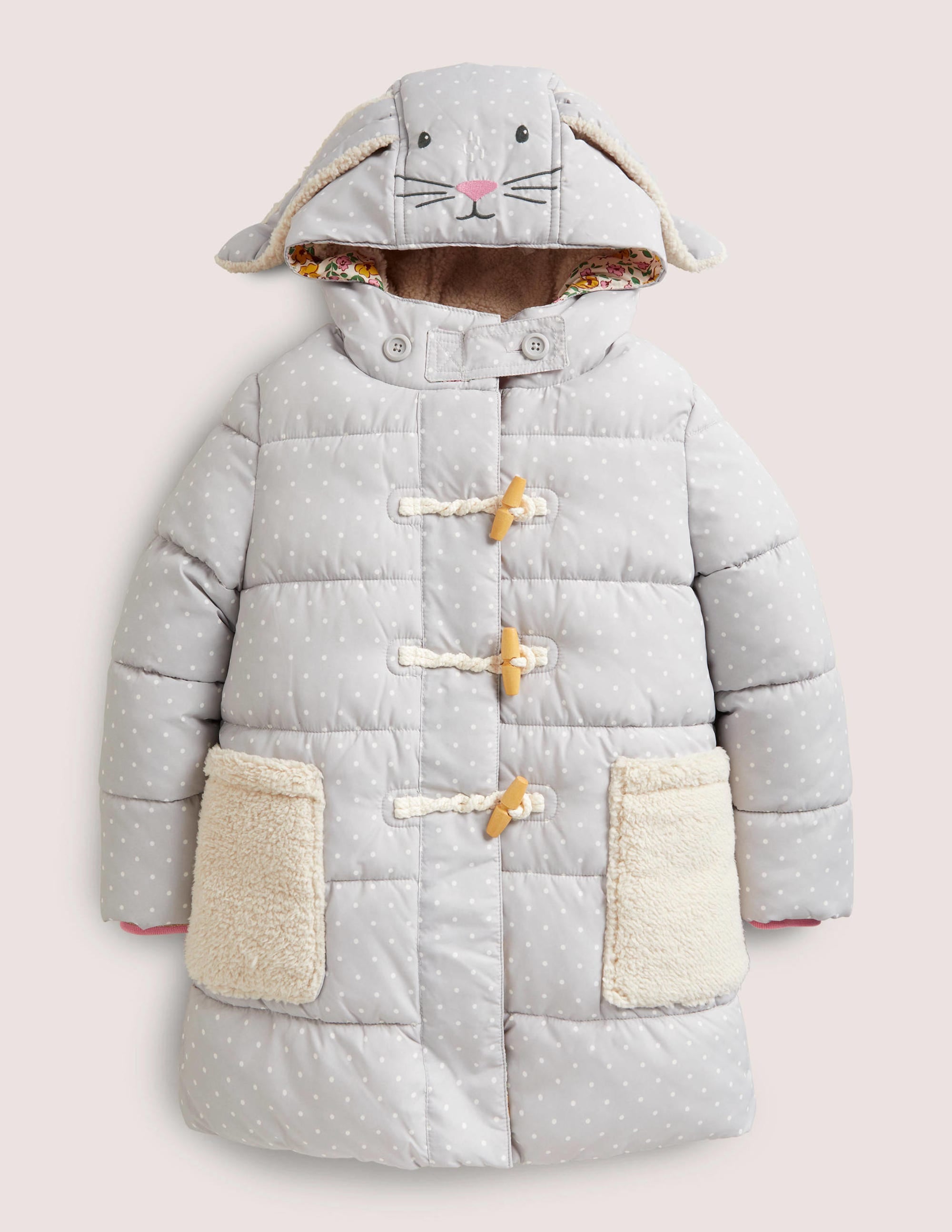 Grey Dotted Bunny Hood Longline Puffer Jacket-Shale Grey Pin Spot Bunny - Image 1