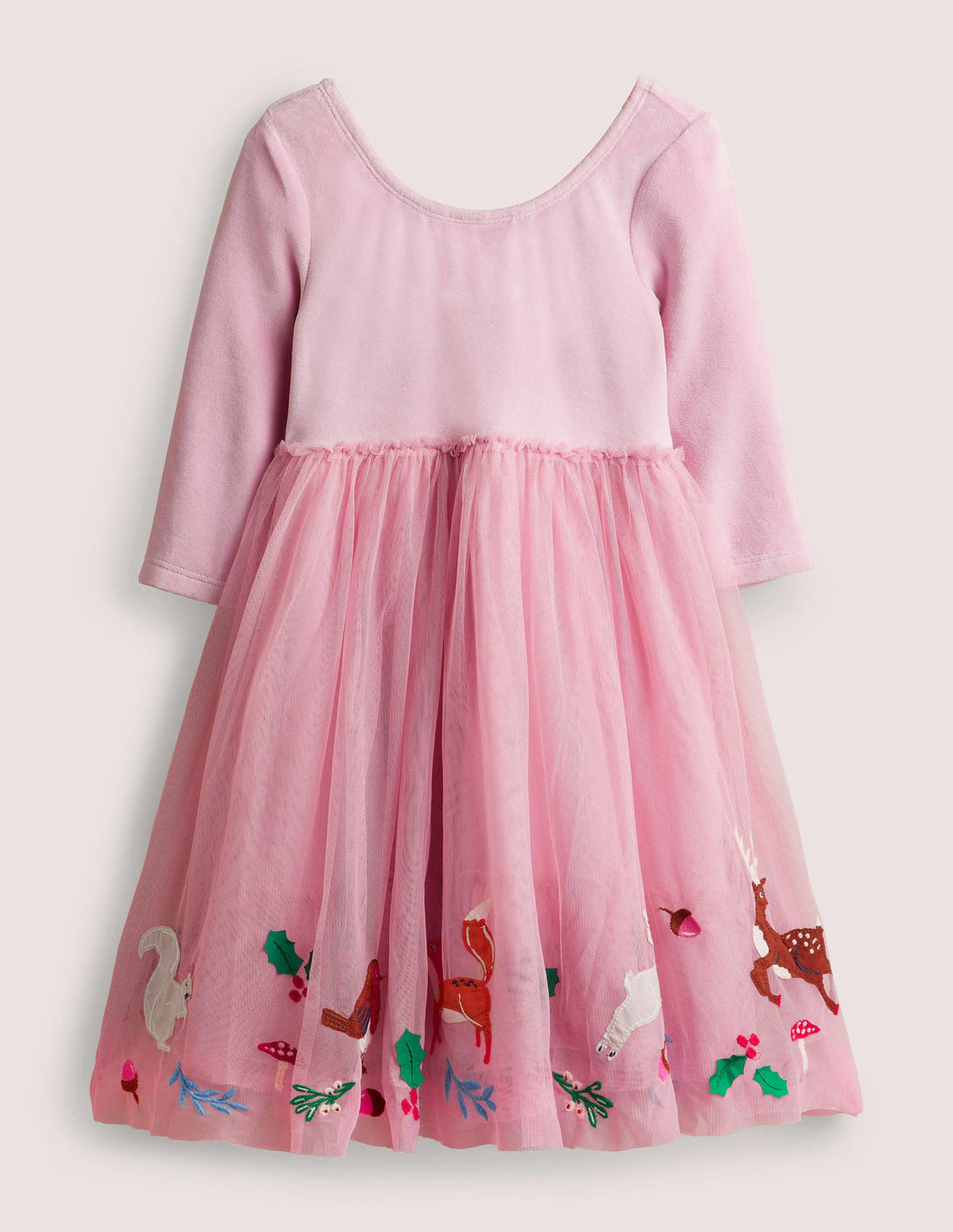 Pink Velvet Bodice Tulle Christmas Party Dress-Cameo Pink Woodland Animals-1