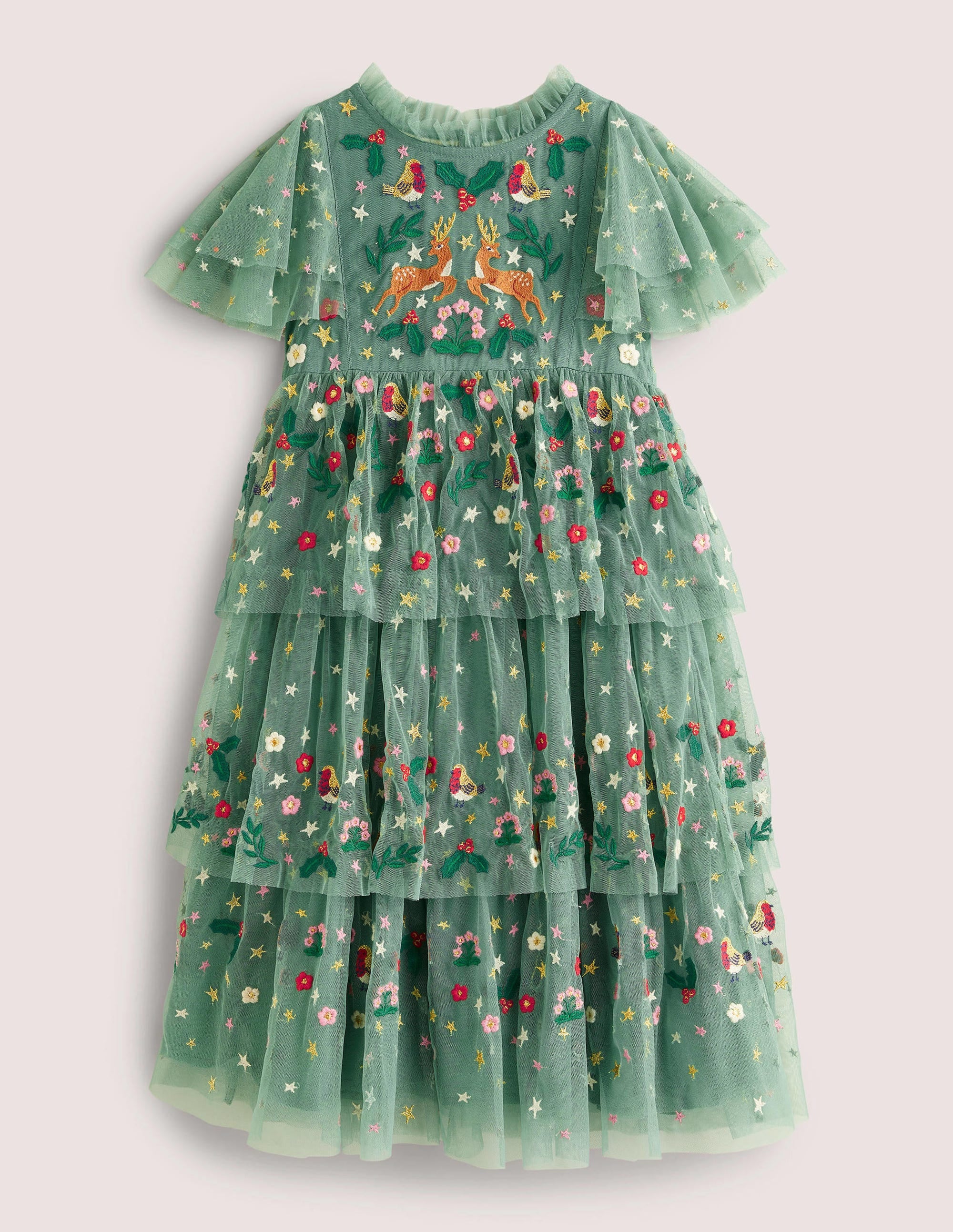 Green Frill Sleeve Tulle Embroidered Party Dress-Csarite Green Festive - Image 1