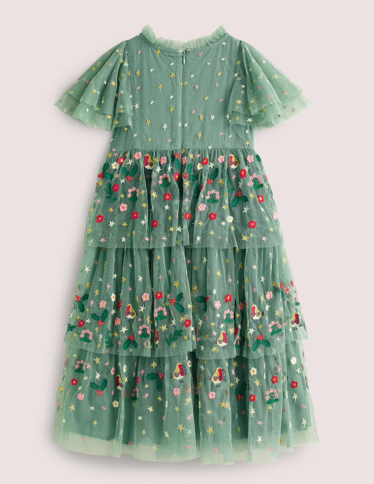 Green Frill Sleeve Tulle Embroidered Party Dress-Csarite Green Festive-3
