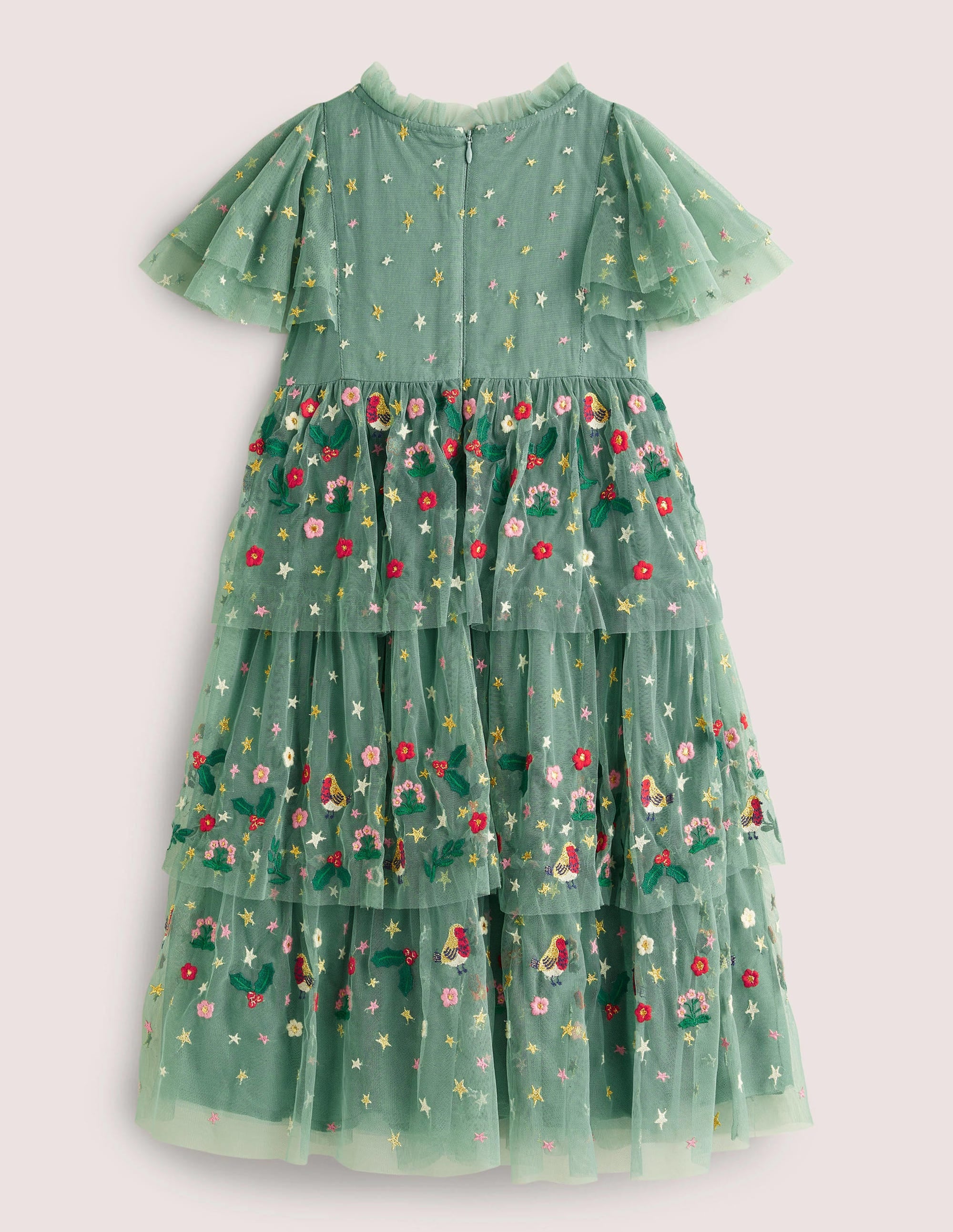Green Frill Sleeve Tulle Embroidered Party Dress-Csarite Green Festive - Image 3