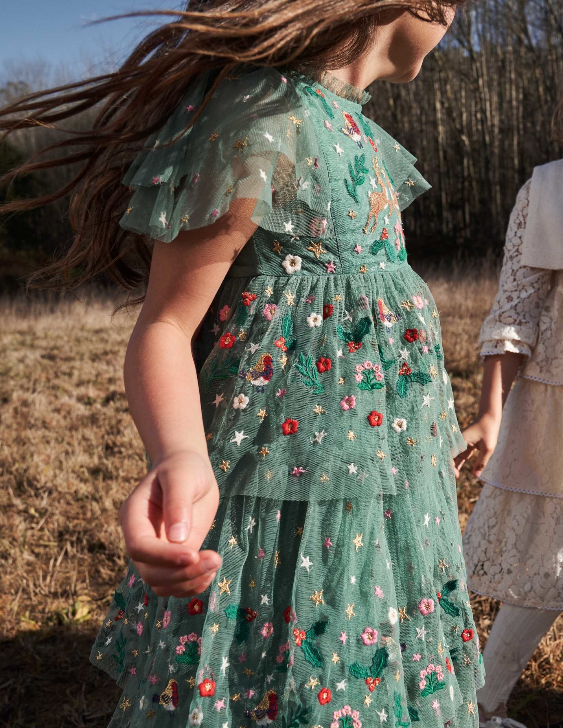 Green Frill Sleeve Tulle Embroidered Party Dress-Csarite Green Festive-6