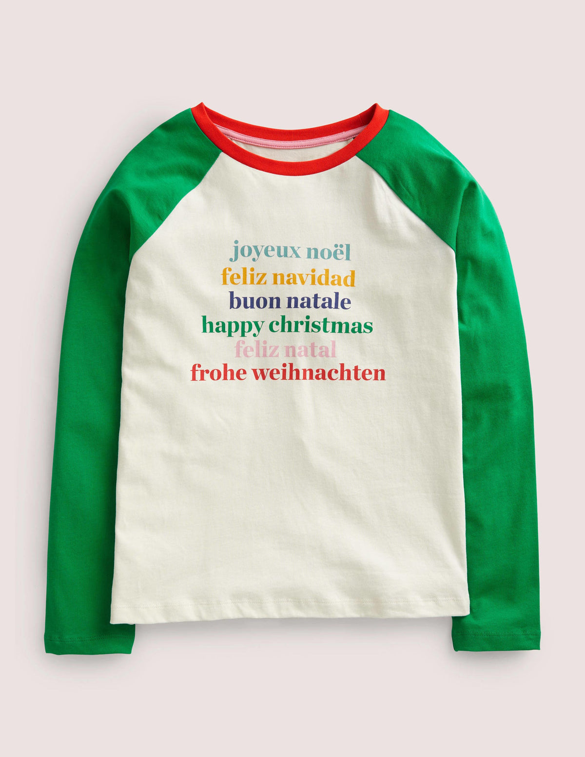 Raglan Festive Printed T-shirt-Ivory/Highland Green - Image 1