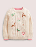 Embroidered Cable Knit Jumper-Ecru Marl Embroidery