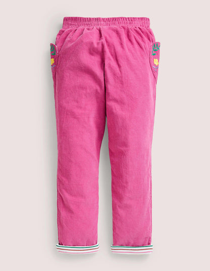 Lined Cord Pull-On Trousers-Shocking Pink Embroidery-2